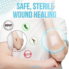 JJ CARE Waterproof Adhesive Island Dressing [Pack of 50], 4 x 4 Sterile Bordered Gauze, Breathable Island Wound Dressing, Individually Wrapped Adhesive Gauze Bandages with Non-Stick Central Pad