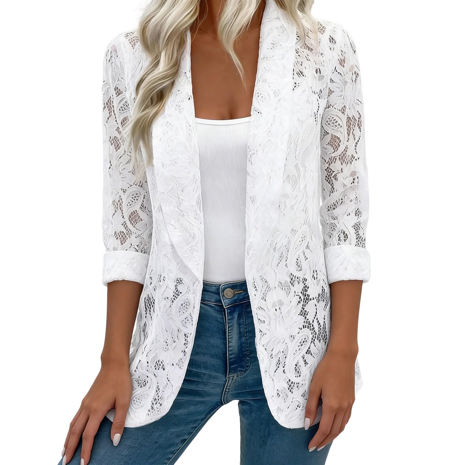 Cardigan Femme Dentelle Transparente Tops en Dentelle Maille Vestes Blanc Femmes Chic et élégant Hauts Manches Longues Top Y2K Transparent Sexy Slim T-Shirt Party Club Soirée Couleur Unie
