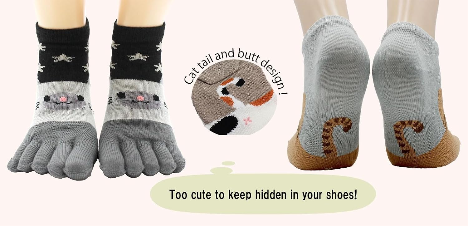 Japanese Cat Design Toe Five Finger Socks (Set of 5 Pairs) Athletic No Show Split Toe Socks Colorful