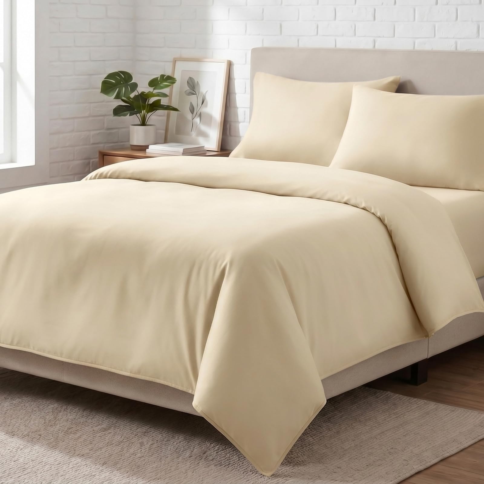 M&J Home 4 Piece Microfibre Complete Bedding Set Beige Double - Duvet Cover, 35cm Extra Deep Fitted Sheet & Pillowcase(s)