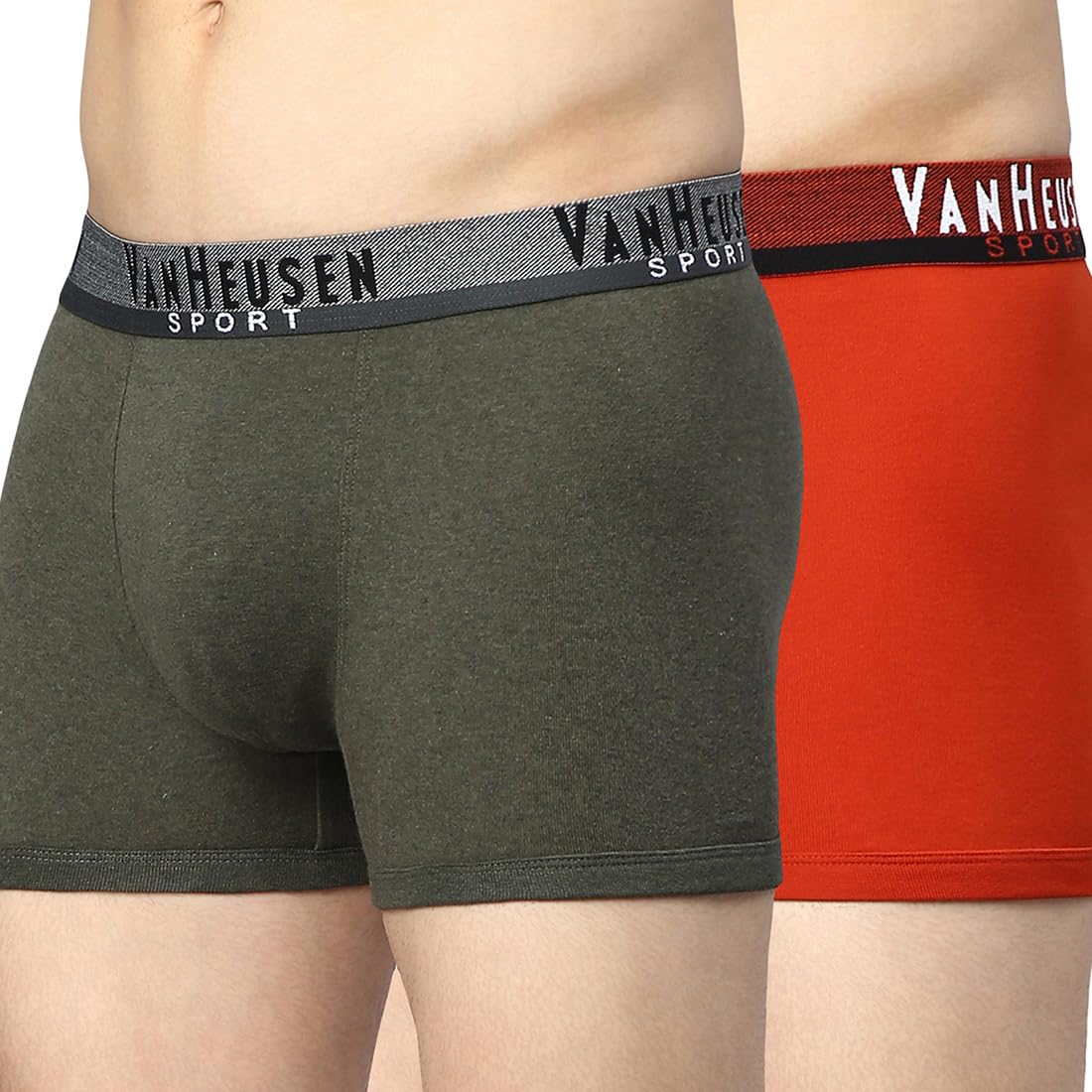 Van HeusenMen Sport Plush Back Elasticized Waistband Trunks - 100% Combed Cotton - Pack of 2 - Double Layer Gusset, Solid