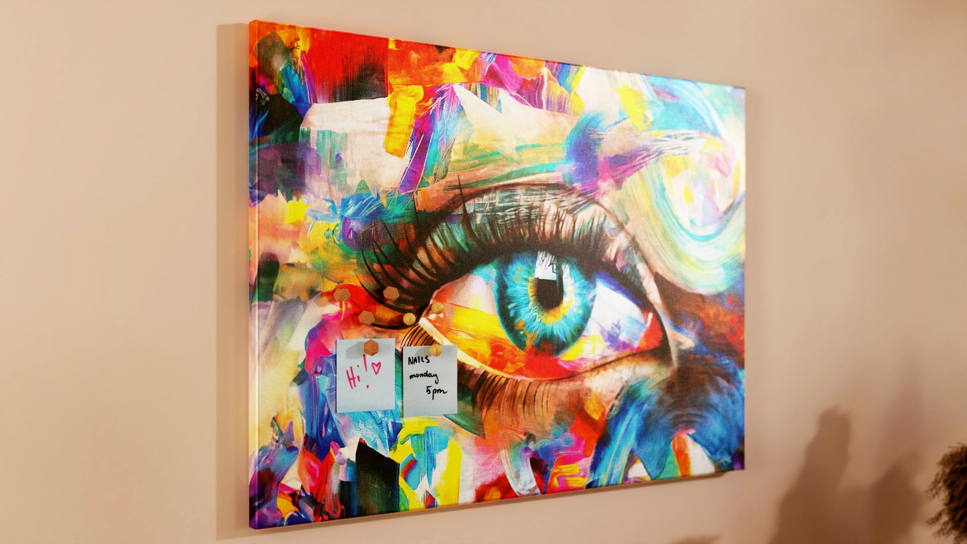 ALLboards Tableau magnétique, en toile, 90 x 60 cm, motif œil avec la couleur de l'arc-en-ciel, tableau mémo, tableau d'affichage magnétique, images sur toile