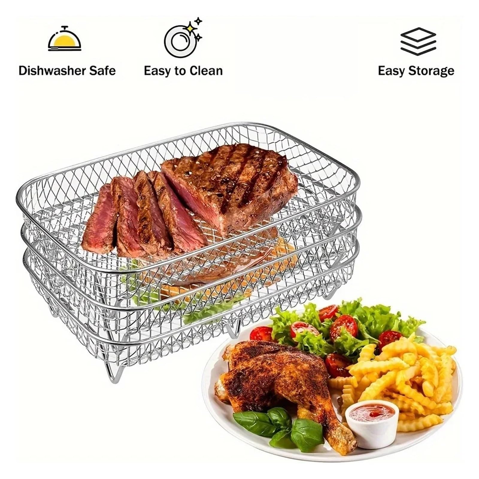 Genérico Rejilla de freidora de Aire apilable de 2 Piezas for Horno | Acero inoxidable, bandeja for enfriar, rejilla for escurrir, apta for horno/microondas