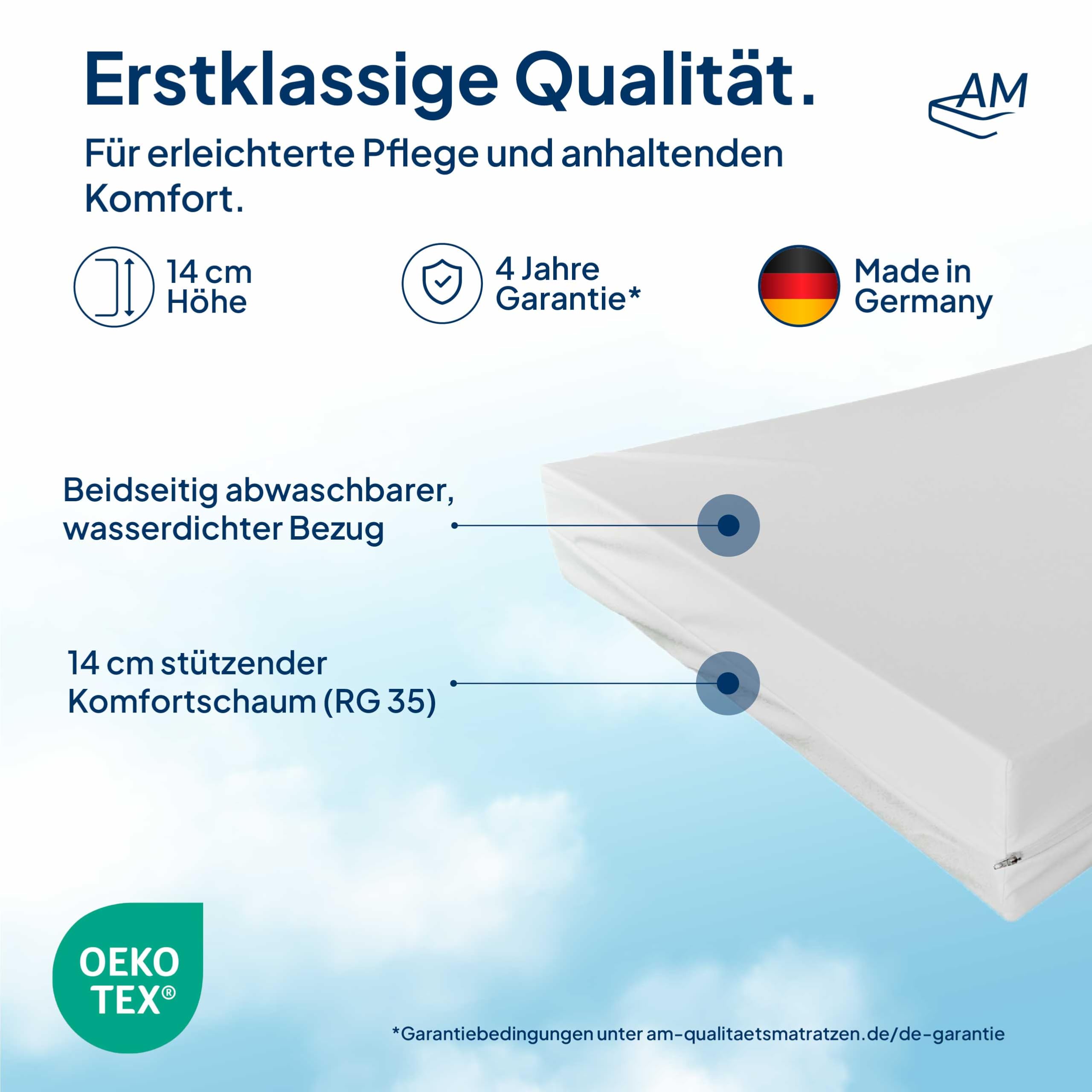 AM Qualitätsmatratzen wasserdichte Matratze Fuer Pflegebett 90x200 - Made in Germany - Inkontinenzmatratze für die Heimpflege 14 cm - Krankenbett Matratzen Fuer Senioren mit festen Sitzkanten