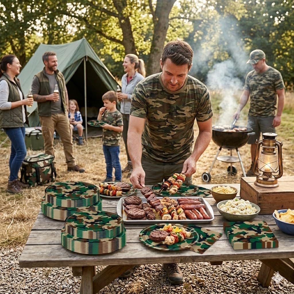 150PCS Camo Birthday Party Supplies for 50 Guests, Camouflage Paper Plates and Napkins Set, Army Military Theme Party Decorations with 9" Dinner Plates, 7" Dessert Plates and Napkins