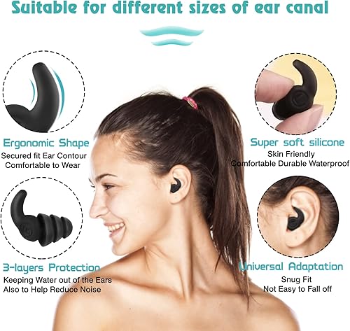 Miniatura 4 de Tapones reutilizables para natación, 3 pares de tapones para los oídos de silicona suave impermeable con cancelación de ruido para baño, surf y