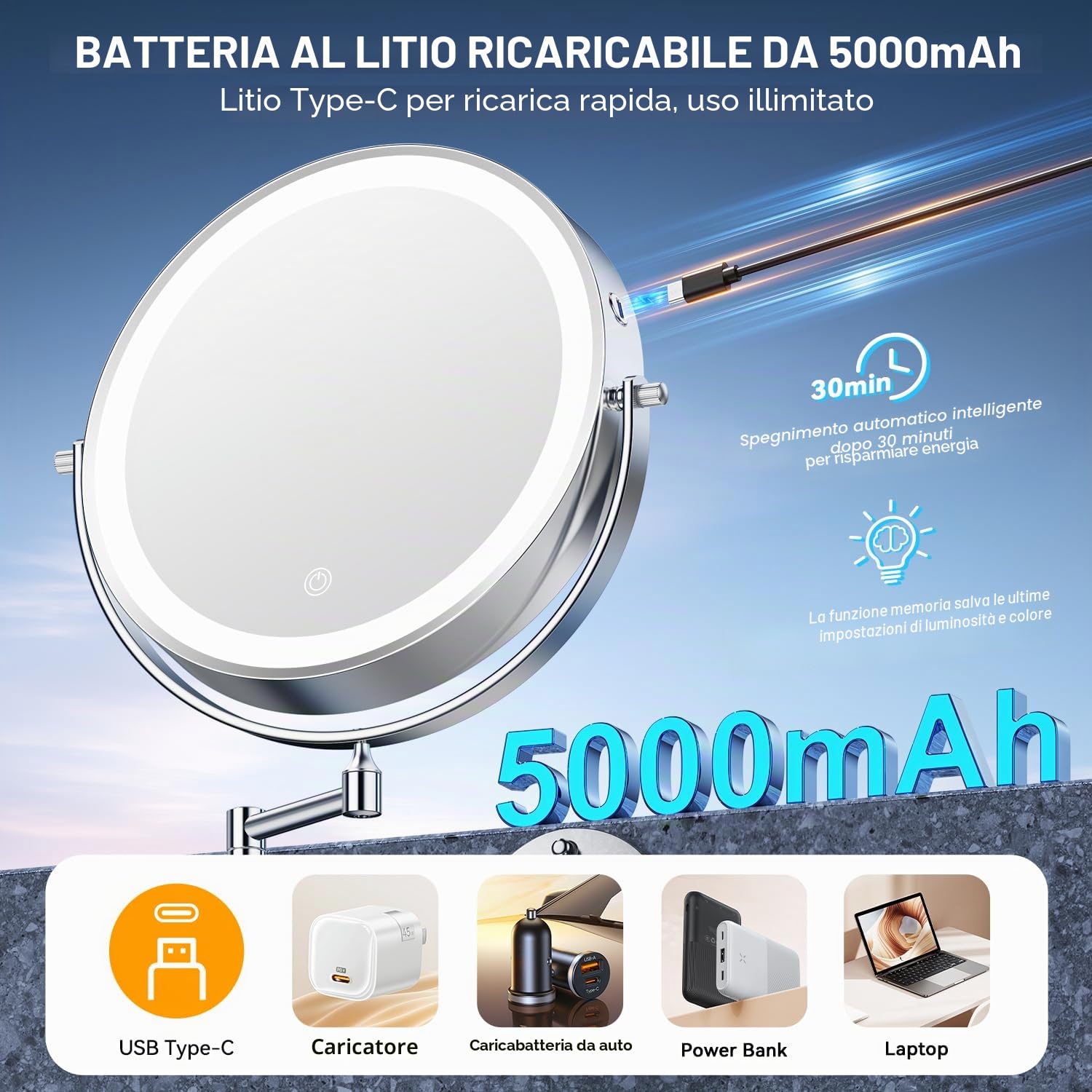 Auxmir 25cm Specchio Trucco con Luci Ingranditore 30X/1X da Parete, Argento | Estensibile, Rotazione a 360°, 54 LED, 3 Colori, Luminosità Regolabile, 5000mAh Batteria, Ricaricabile, per Bagno Hotel Spa