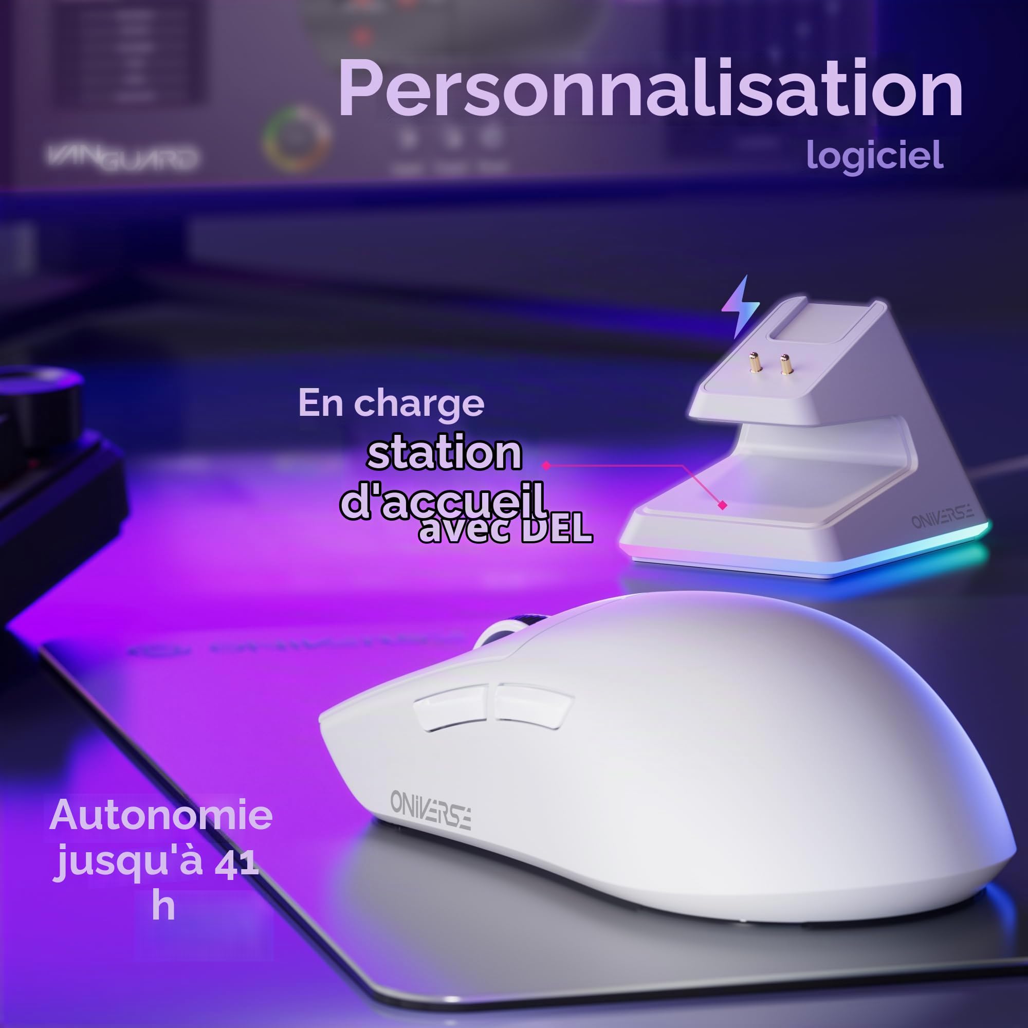 Souris gamer sans fil avec dock de charge - Capteur PixArt 12 000 DPI, 3 modes connexion (2.4G/Bluetooth/Filaire), Écran intégré, Polling rate 1 000 Hz, pour PC/Mac/PS5/PS4 - Vanguard (White)