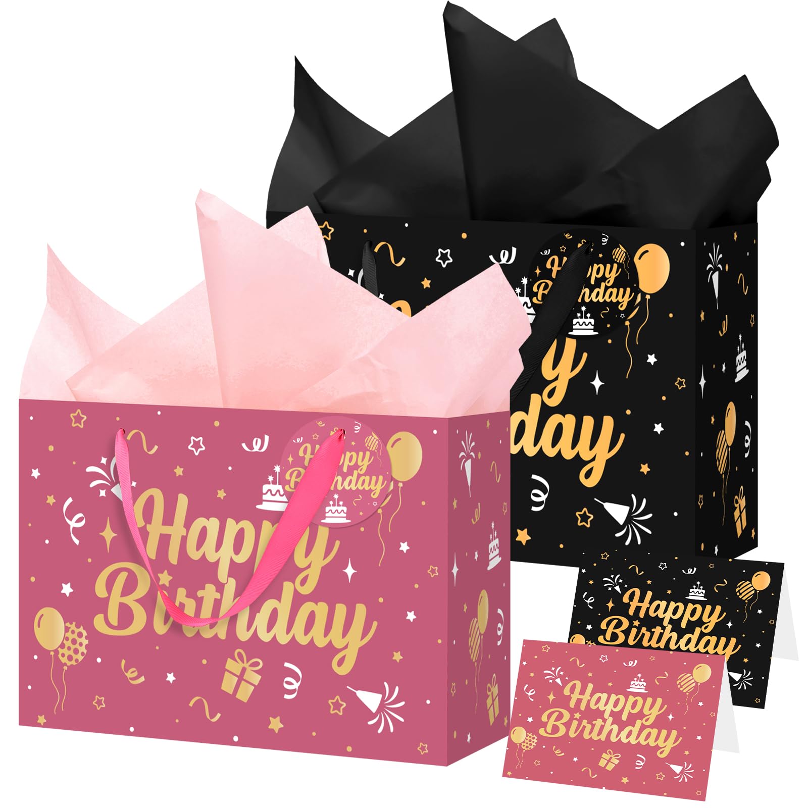 2 Pack Birthday Gift Bags With Tissue Paper, Tags & Cards, Pink Black