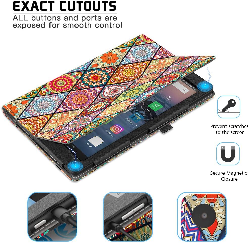 VORI Case for Amazon Fire HD 10 Tablet (9th/7th/5th Generation,2019/2017/2015 Release), Folio Folding Smart Stand Cover with Hand Strap and Auto Wake/Sleep for Fire 10.1 Inch, Mandala Flowers