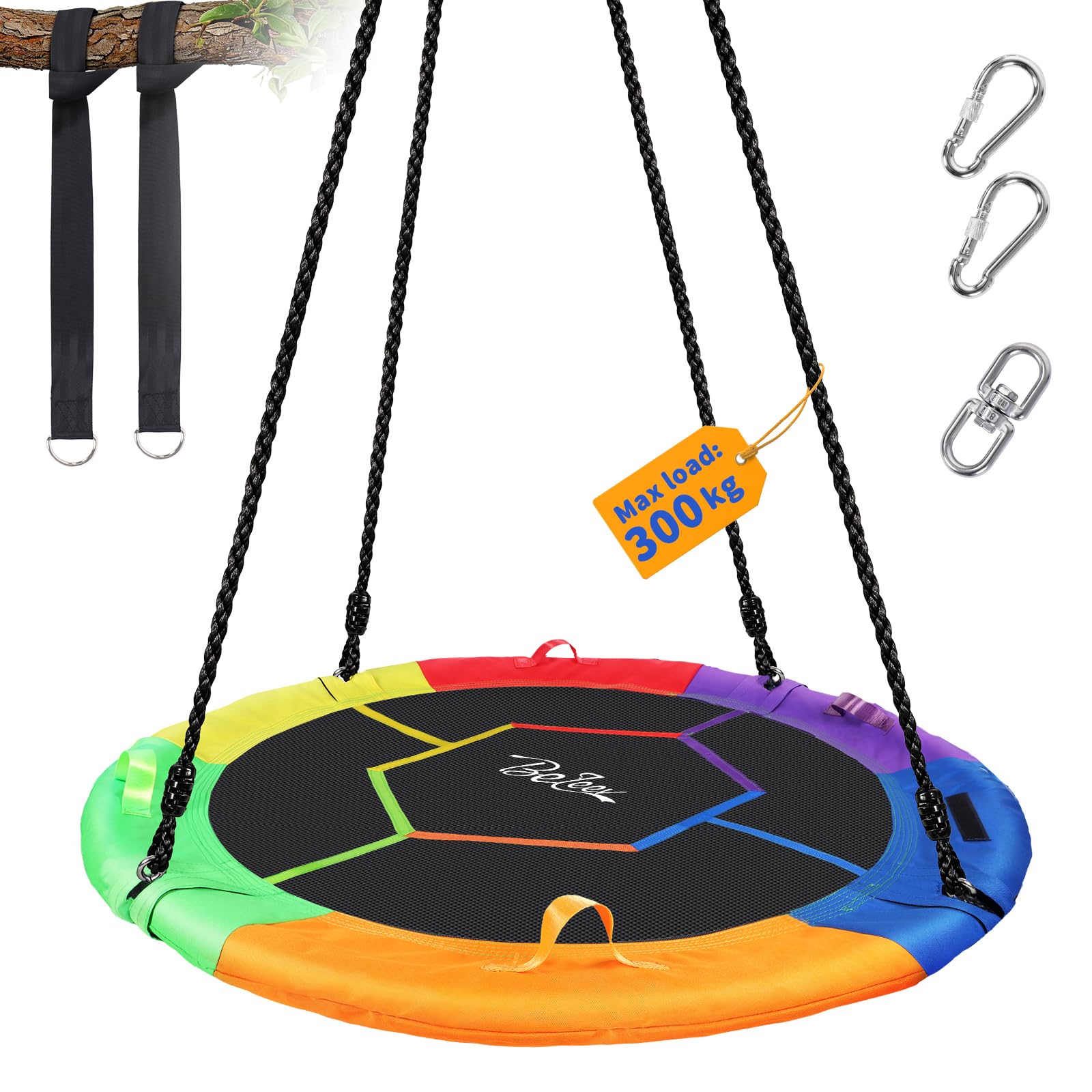 BELEEV Balançoire Nid D'oiseau120 cm, Réglable en Hauteur (110-180cm) | Balancoire pour Exterieur/Interieur avec Oreiller et 4 Poignées, Supportant Une Charge Jusqu'À 300 kg pour Enfants et Adultes