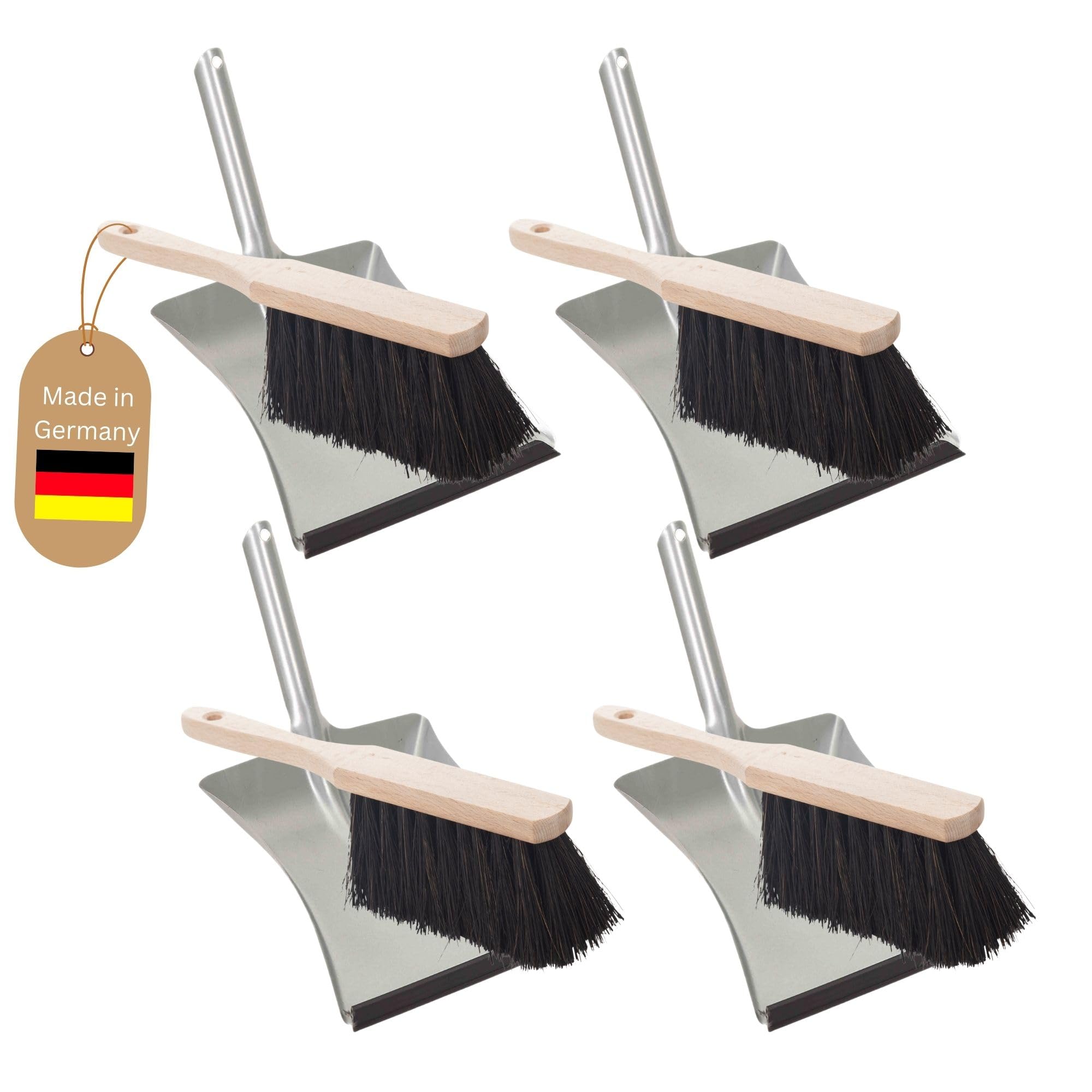 Novaliv 4X Kehrblech Set Kehrblechgarnitur Handfeger Arenga Borsten Kehrblech mit Gummilippe Silber verzinkt Kehrblechbesen zum Aufkehren Handkehrset Kehrblechset Kehrschaufel Feger und Kehrblech