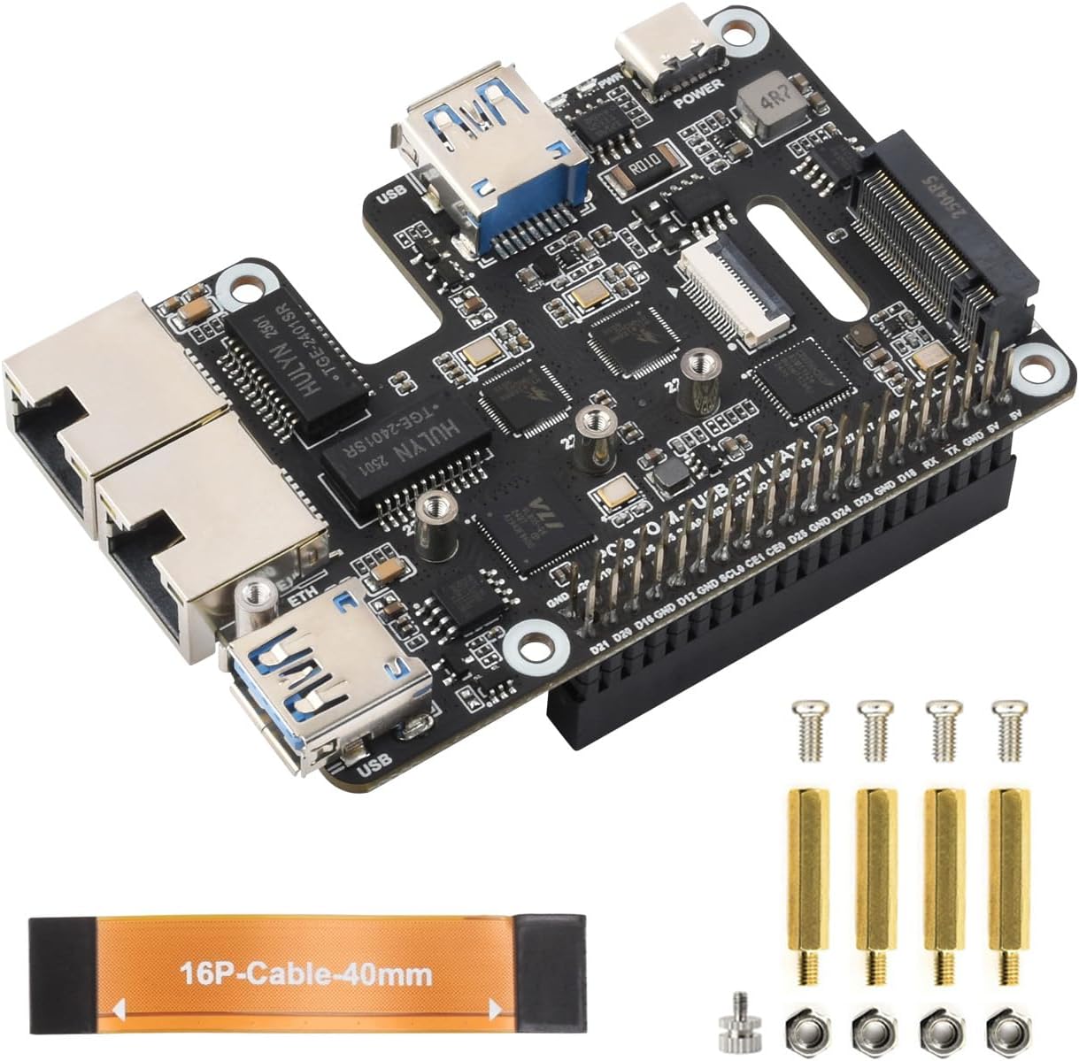 Waveshare PCIe to USB 3.2 Gen1 / 2.5G ETH/M.2 NVMe Adapter, Compatible with Raspberry Pi 5, Supports NVMe Protocol M.2 Solid State Drive, Expands 2-ch USB 3.2 Ports and 2-ch Ethernet Ports, HAT +