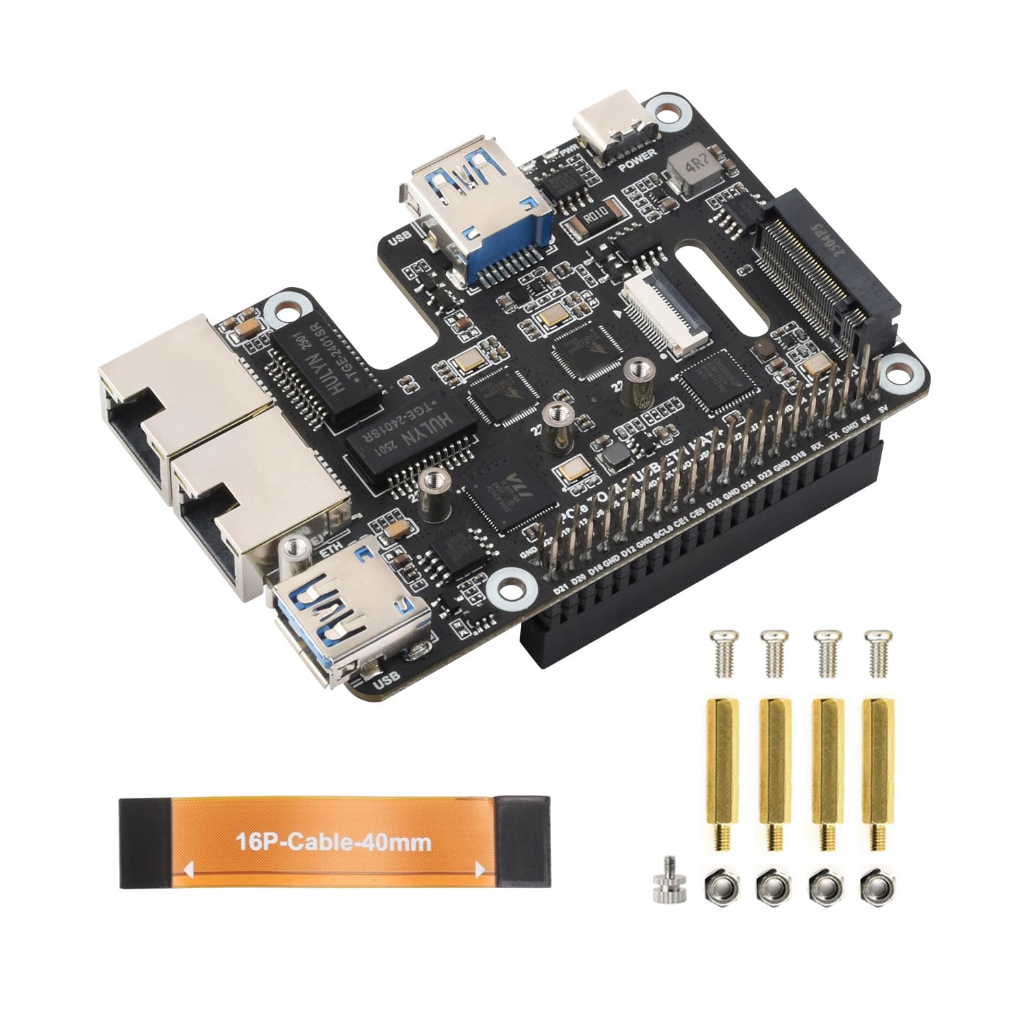 Waveshare PCIe to USB 3.2 Gen1 / 2.5G ETH/M.2 NVMe Adapter, Compatible with Raspberry Pi 5, Supports NVMe Protocol M.2 Solid State Drive, Expands 2-ch USB 3.2 Ports and 2-ch Ethernet Ports, Hat +