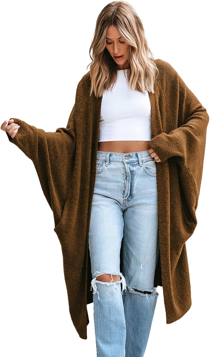 CUPSHE Women's Oversized Cardigan Sweater Open Front 2025 Fall Long Sleeve Soft Knit Casual Sweaters Outwear X-Large Brown