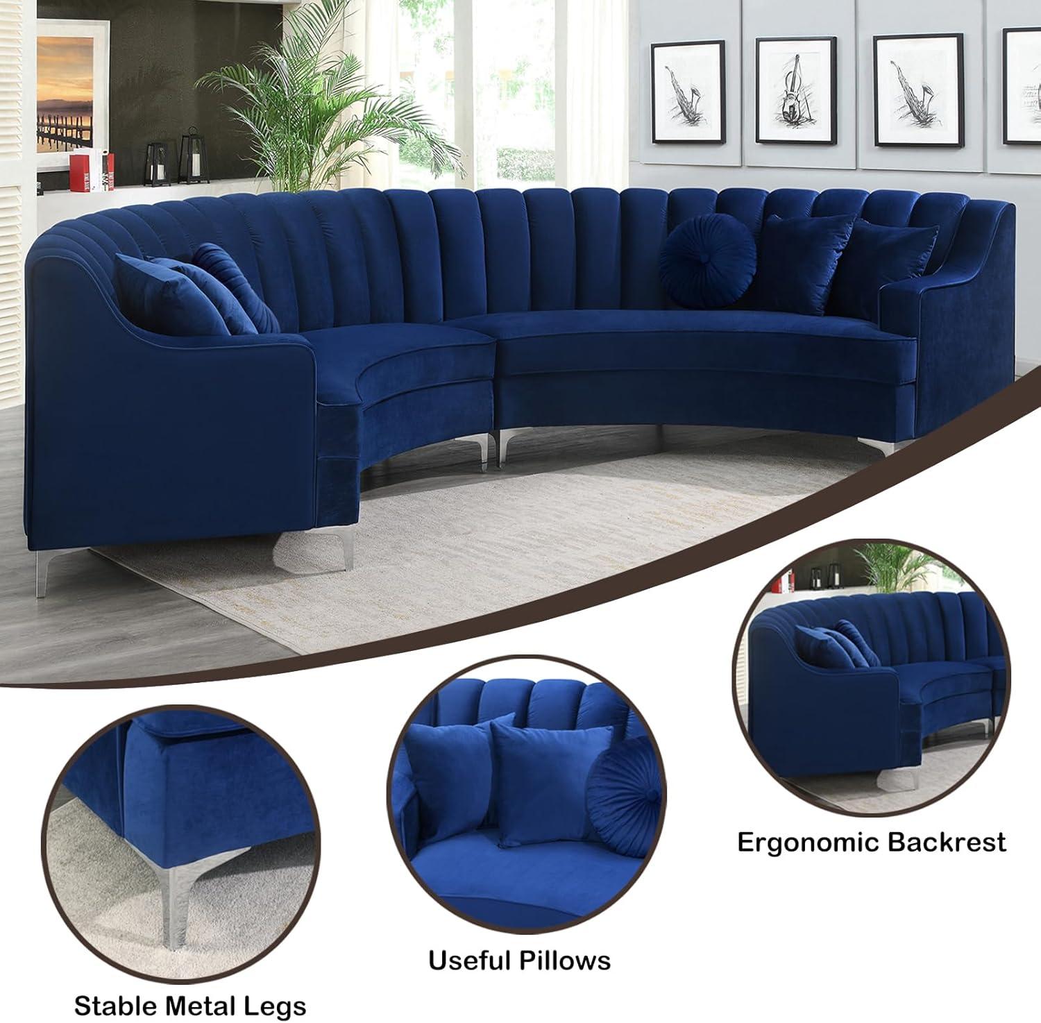 Legend Vansen L Semicircle Velvet Sofa 141.34” Oversized Sectional Curved Sofa for Living Room, Office, Apartment (1, Blue)