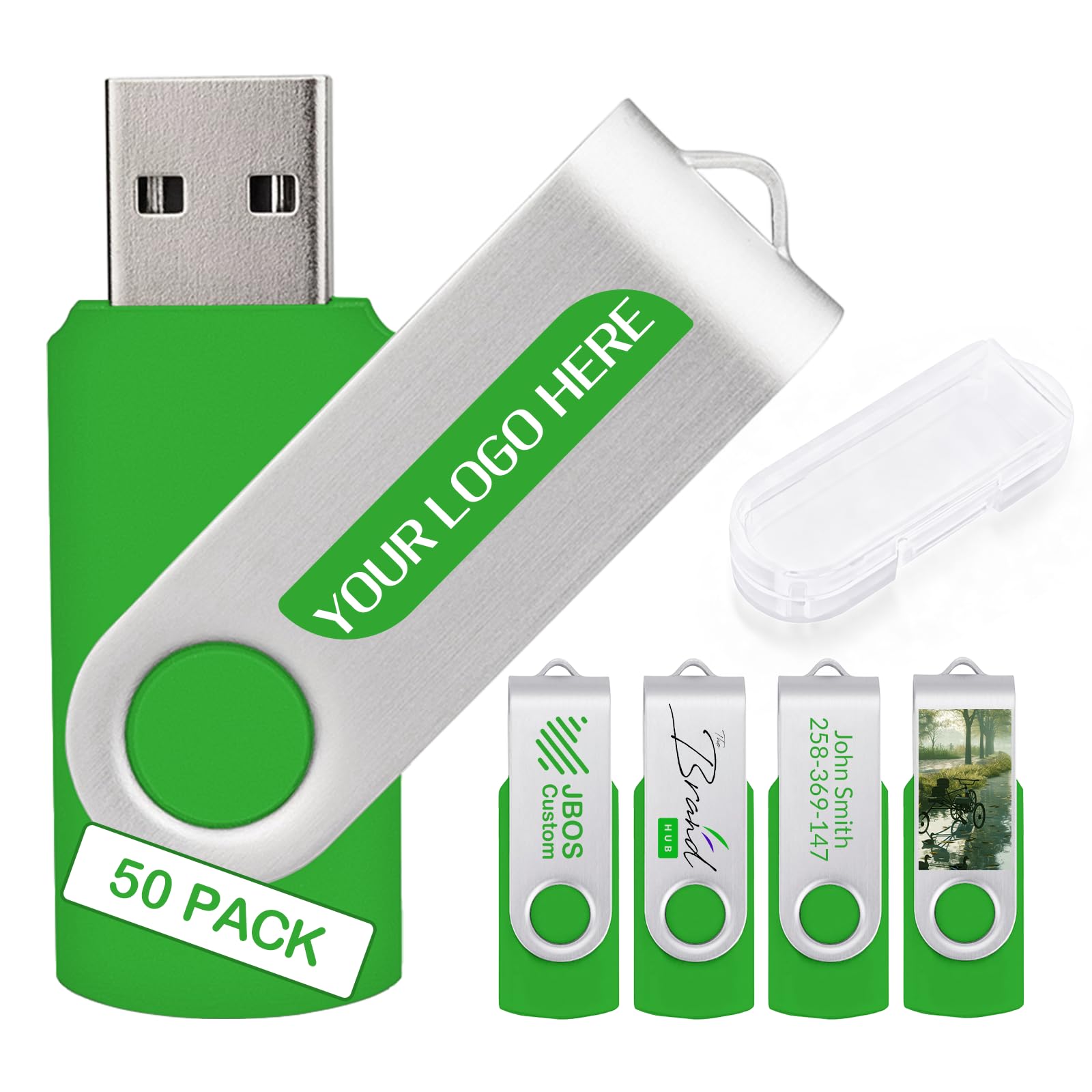 Zestaw 50 niestandardowych pendrive'ów USB 32 GB USB 2.0, spersonalizowane pendrive z logo do biznesu, wydarzeń, drukowania tekstu lub obrazu, niestandardowe karty pamięci JBOS - zielone