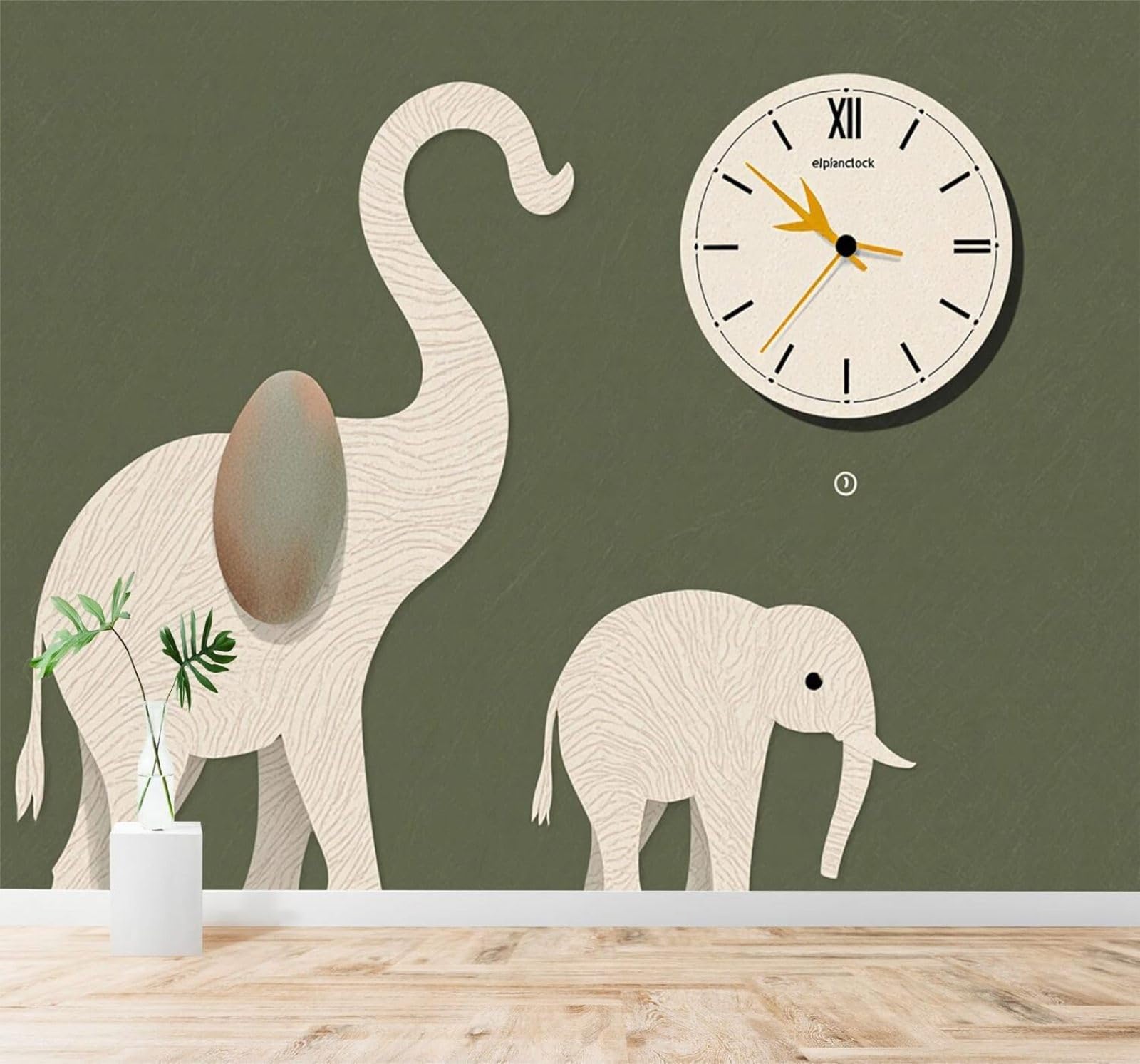 Xlming 400Cm×280Cm(B×H) Minimalist Creative Elephant Family Clock Green 3D Wallpaper Silky Texture Home Study Office Grey Dining Room Sofa Bedroom Living Room Tv Backdrop-400Cm×280Cm