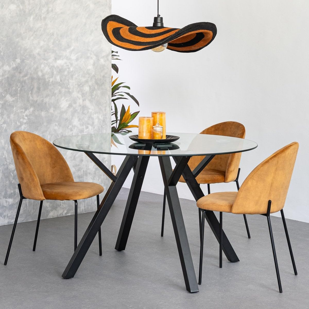 LOLAhome Mesa de Comedor Redonda Elsa para 6 Personas de 120 cm. Estructura Resistente de Metal Negro y Tablero de Cristal Templado. Diseño Ligero y contemporáneo.