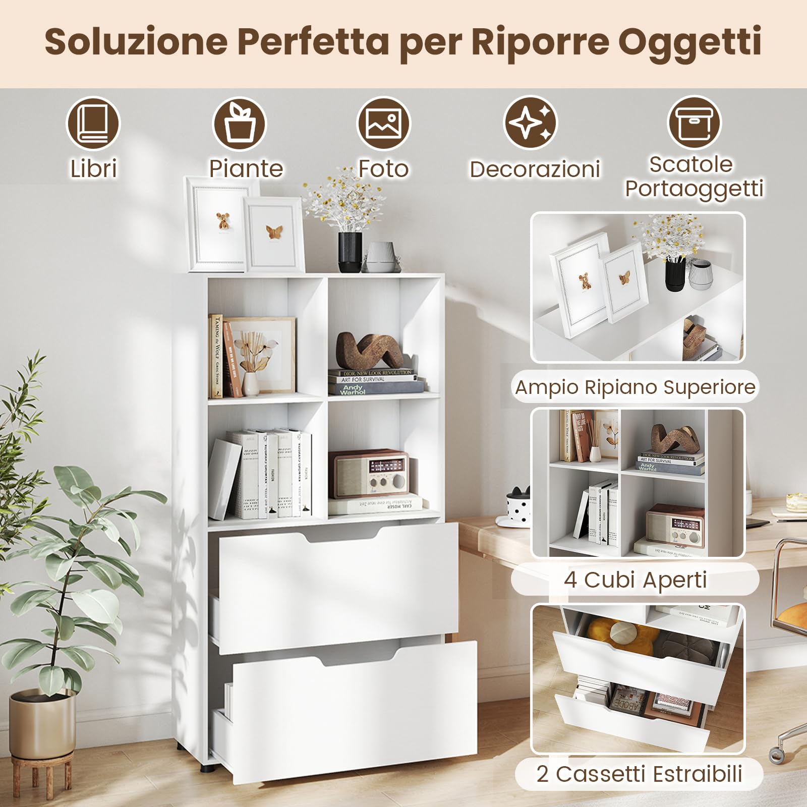 COSTWAY Libreria a 4 Cubi con 2 Cassetti, Scaffale Alto a 5 Ripiani da 130 cm, Libreria Moderna a Cubi Aperti, Organizer in Legno per Soggiorno, Studio, Ufficio Domestico (Bianco)