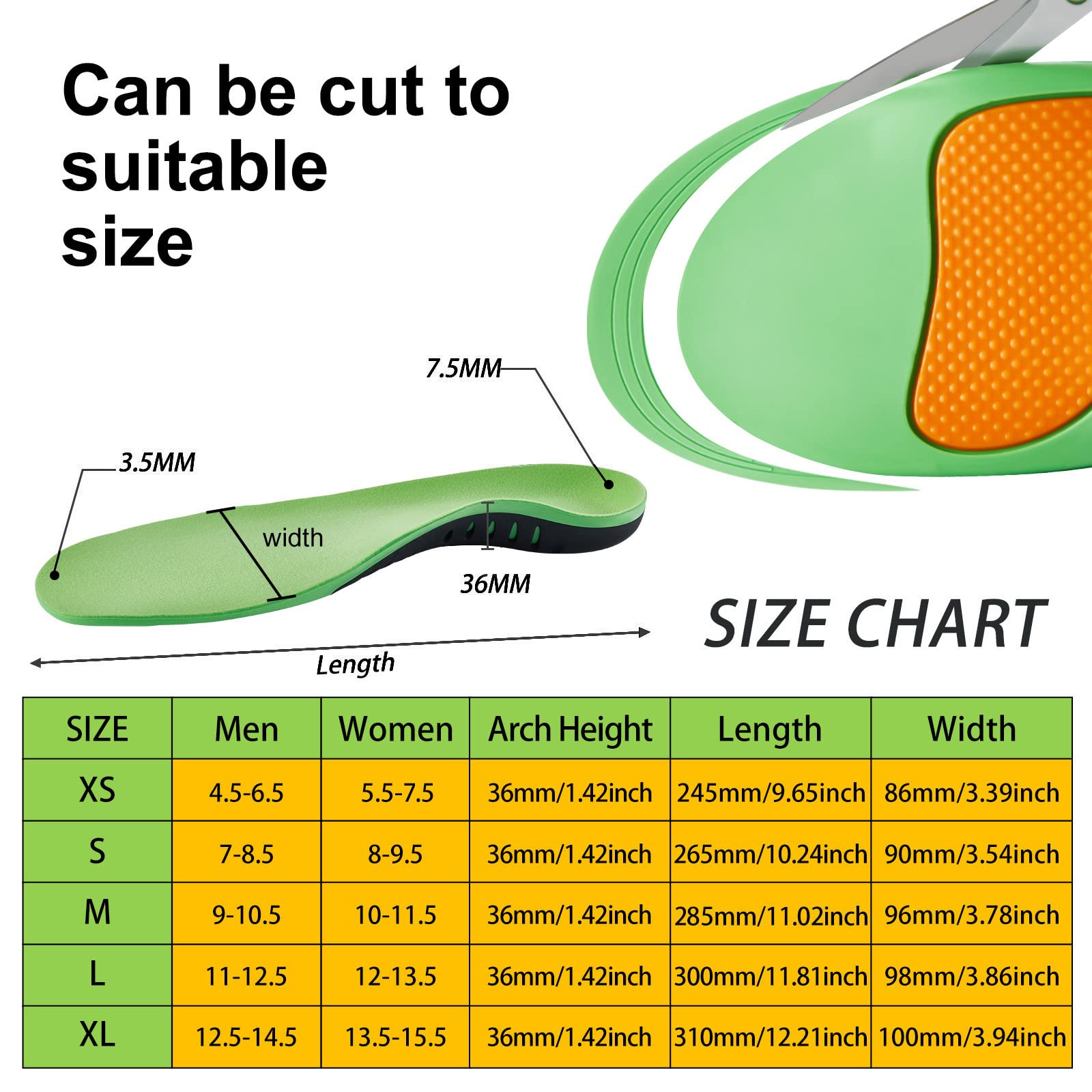 Plantillas para aliviar la fascitis plantar (220 libras), plantillas de soporte de arco para pies planos, plantillas de botas de trabajo, inserciones de soporte de arco de espuma viscoelástica para