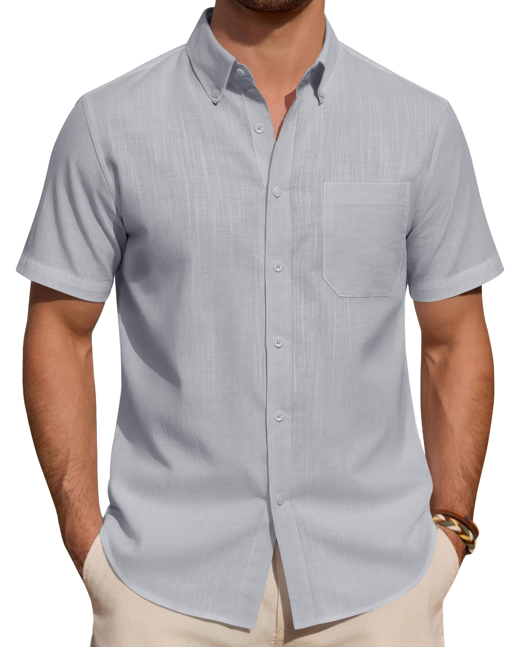 J.VER Leinenhemd Herren Kurzarm Hemd Sommer Freizeithemden Herren Casual Beach Shirts Regular Fit Männer Leinen Hemd Button Down Basic Men Shirts mit Brusttasche