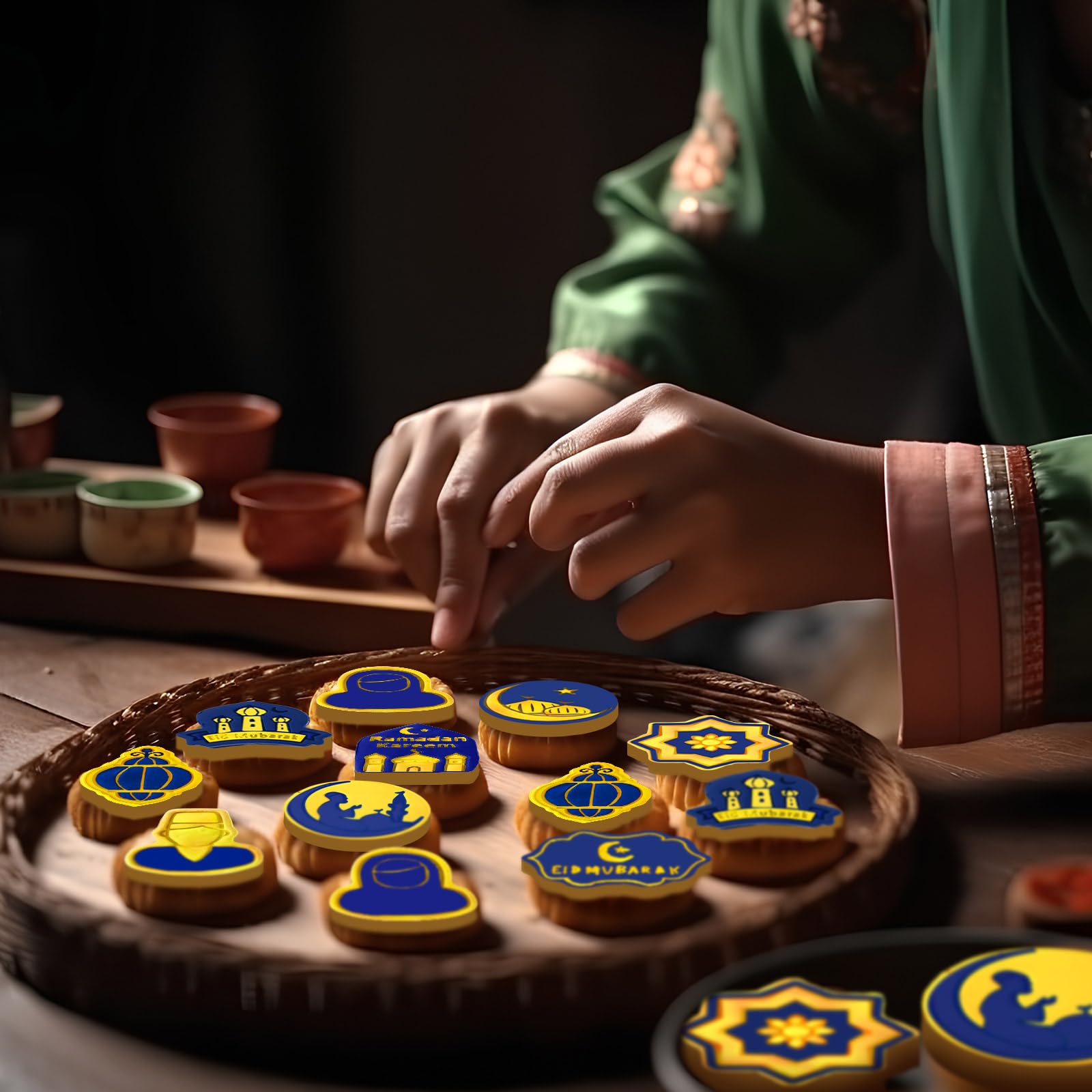 Roshtia 24 Stück Eid Gebete Ausstechformen Kunststoff Keksstempel Mond Keksform Pressschloss, Creme, leichte Kunststoff Keksausstecher, Prägeform zum Backen Fondant Supplies