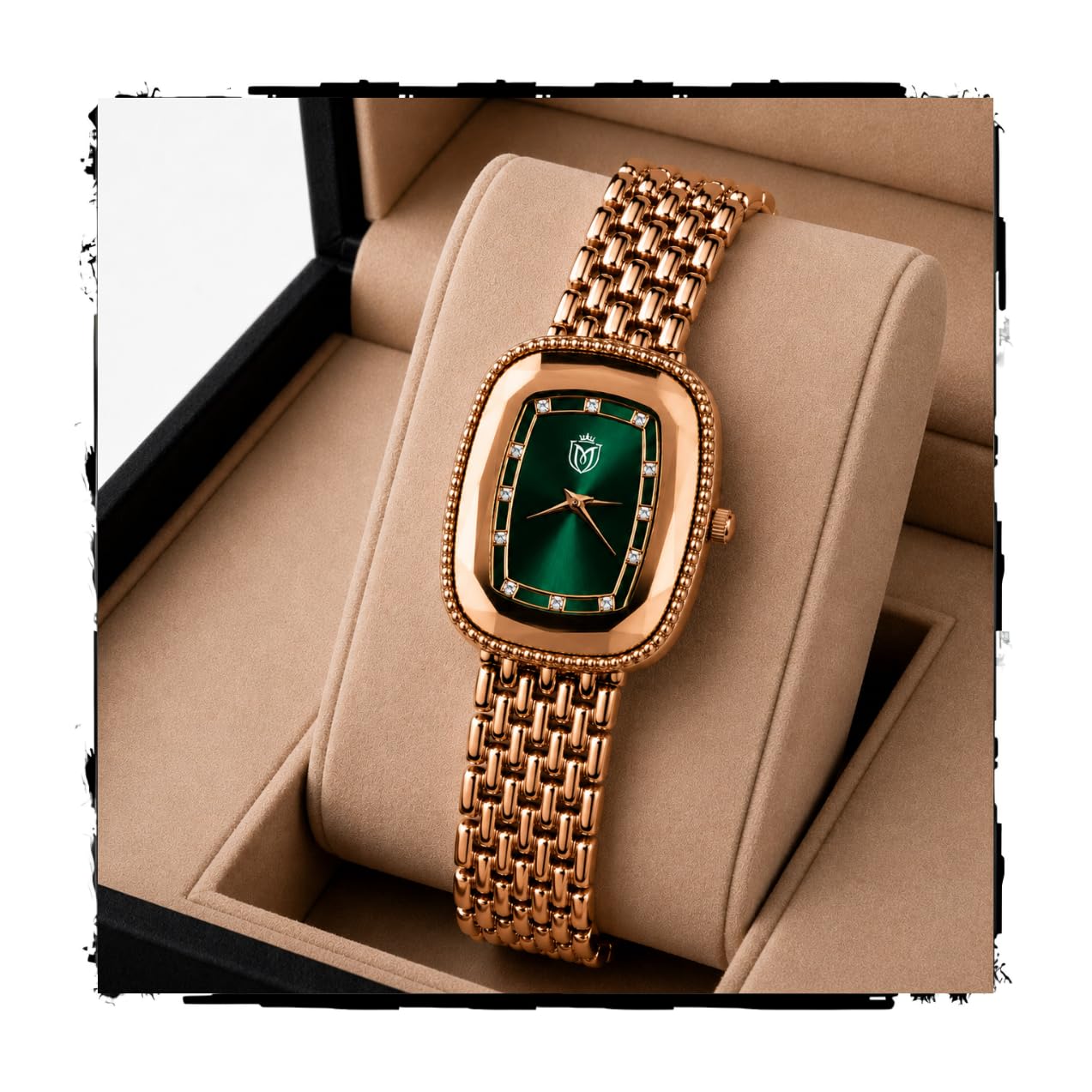 Women Analog Watch with Brown Square Dial, Crystal Studded Bezel, Premium Metal Strap Stylish Fashion Wrist Watch for Girls & Women-image-1