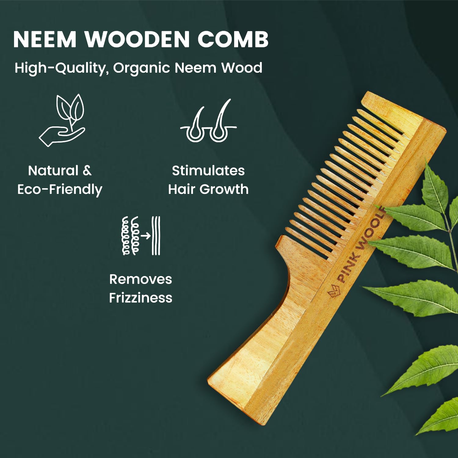 Pink Woolf Neem Wooden Comb Set for Men & Women | Pack of 3 Wide Tooth, Fine Tooth & Pocket Hair Comb | Natural Kacchi Neem Wood Comb for Detangling, Anti Static, Scalp Massage & Daily Hair Care for All Hair Types 1