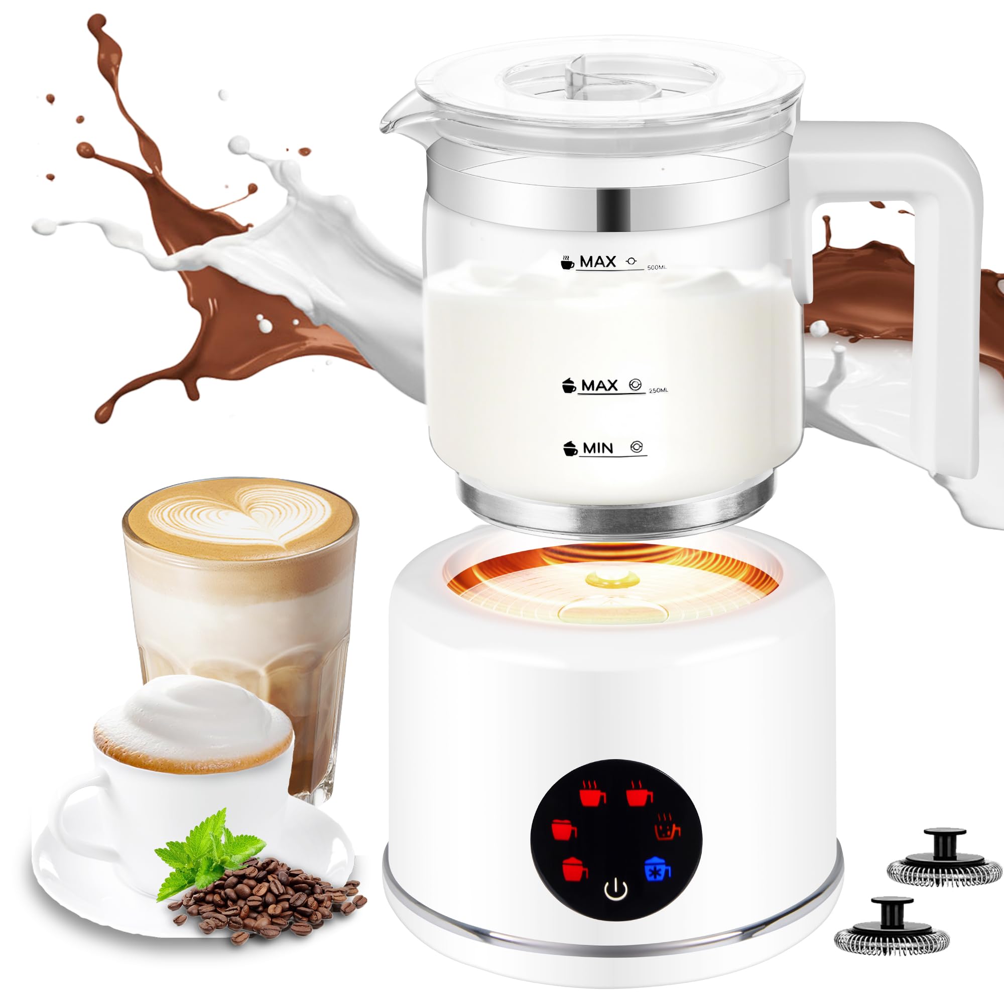 milk frother and steamer, 6 in 1 milk steamer and milk warmer, 17oz auto shut off electric frother with touch screen, hot/cold foam maker for coffee, latte, cappuccino, hot chocolate,white