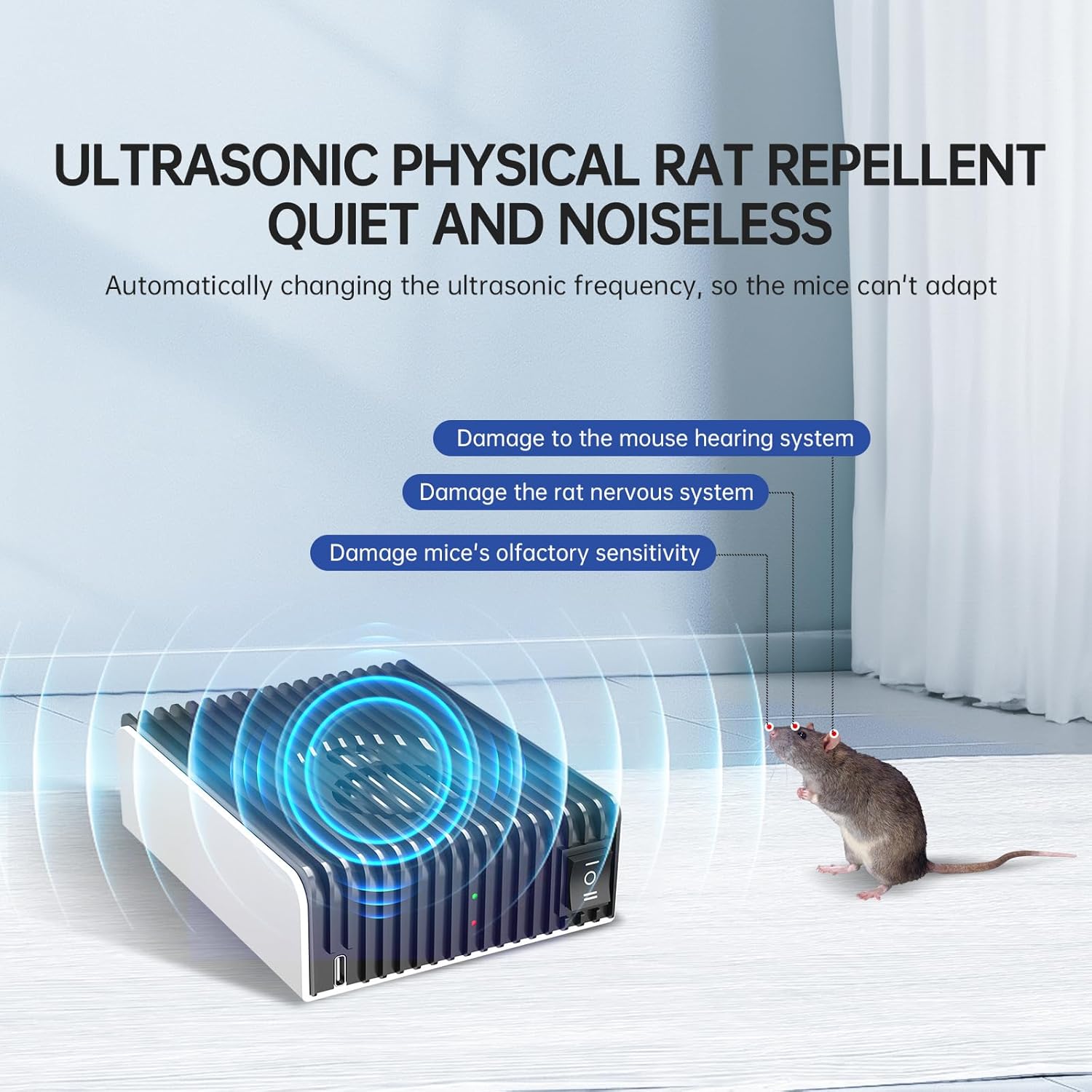 Advanced Ultrasonic Rodent Repellent with 2 Modes​ (Sweep Frequency & Siren) - Rechargeable Mouse Repellent for Car Trunk, Garage, Basement, Attic, RV - Mice, Rat Deterrent Pest