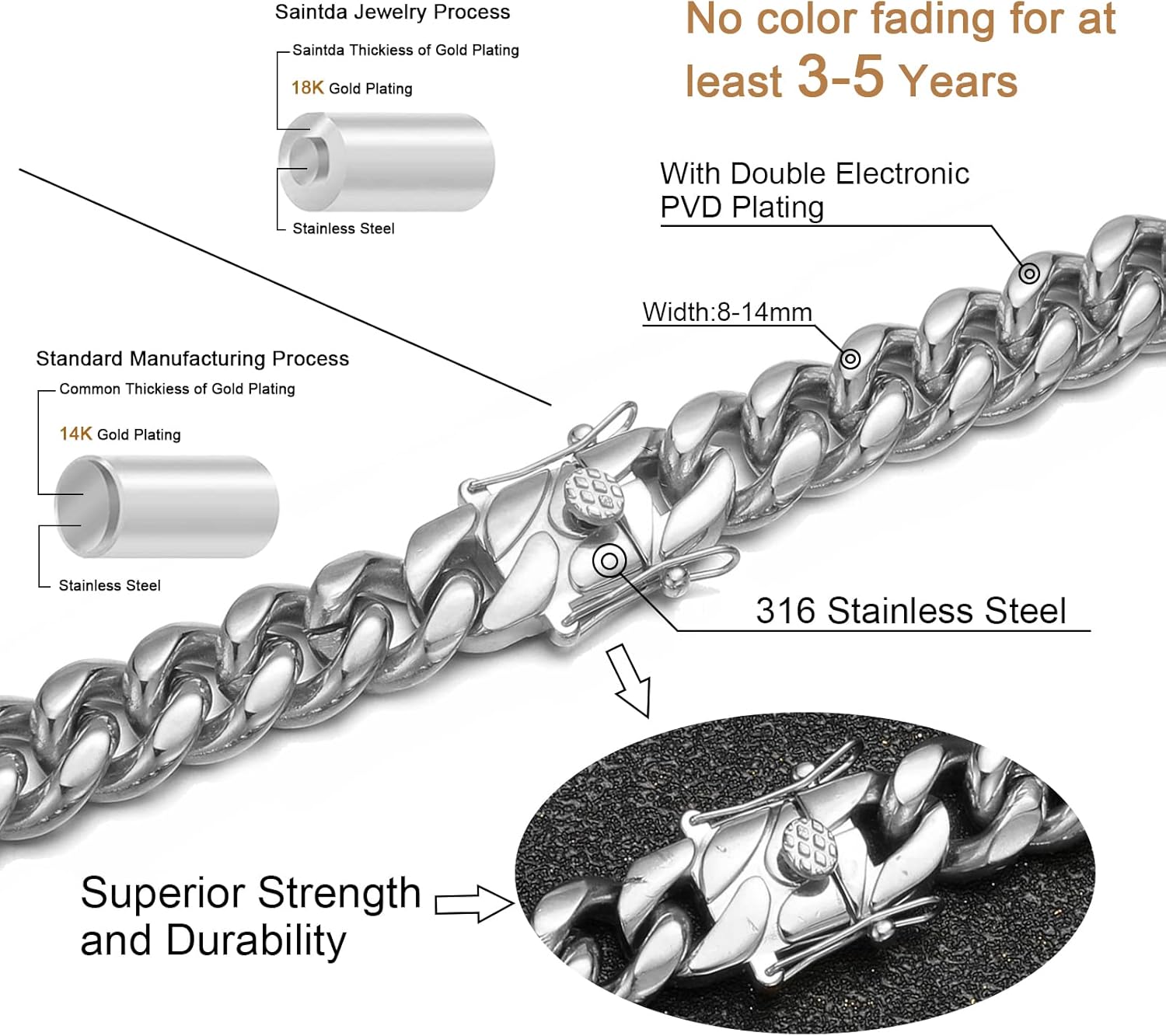 Miniatura 3 de Cuban Chain Necklace for Men Women 18k Silver Gold Stainless Steel Cuban Chains 8mm 10mm Width Fashion Hip Hop Jewelry