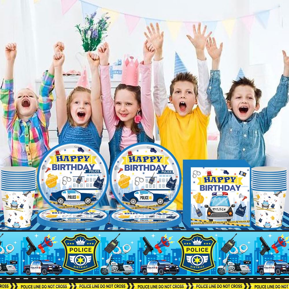 61 pezzi di stoviglie per festa di compleanno con auto della polizia, stoviglie per festa di compleanno per bambini, decorazioni a tema auto della polizia, tazze, piatti, stracci