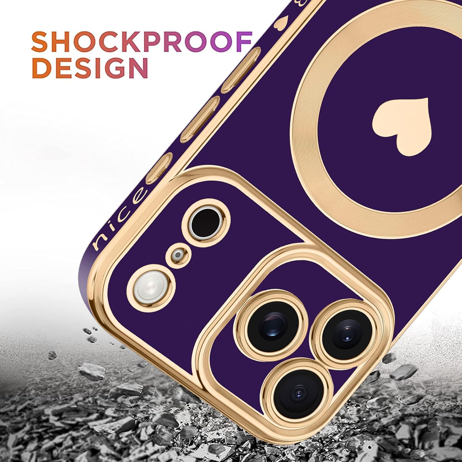 tharlet Magnetic for iPhone 17 Pro Max Case [Compatible with Magsafe] Cute Love Heart Luxury Plating Gold Edge Bumper with Full Camera Lens with Privacy Screen Protector, Purple (6.9") - Image 4