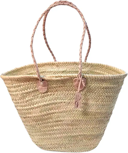 Medium Moroccan Market Basket with Leather Handles - Sustainable Palm Leaf Shopping Basket