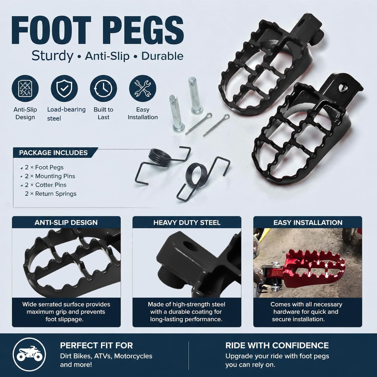 Dirt Bike Footrest Pedals-Aluminum Footpegs Kit,Universal Fit for XR50R CRF50 CRF70 PW50 KLX110 TW200 TaoTao 50-125cc,Coleman CT200U BT200X CC100X 196cc 200cc 6.5hp Motorcycle Parts (Black, Standard)