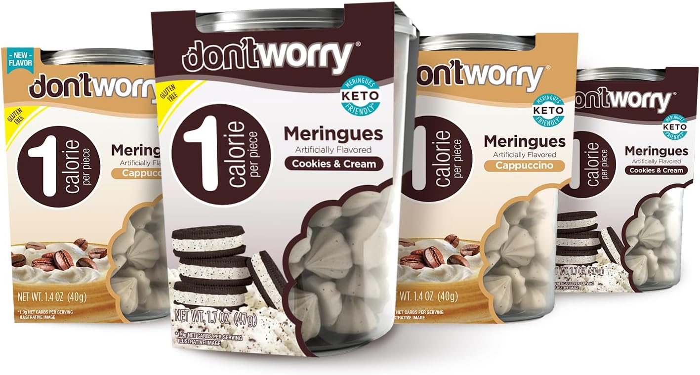 Low Calorie Meringue Cookies - 4 Pack - Capuccino and Cookies & Cream, Just 1 Calorie per Piece | Low Sugar Candy, Gluten Free, Protein Snacks | Keto Friendly and Healthy Snacks for Adults