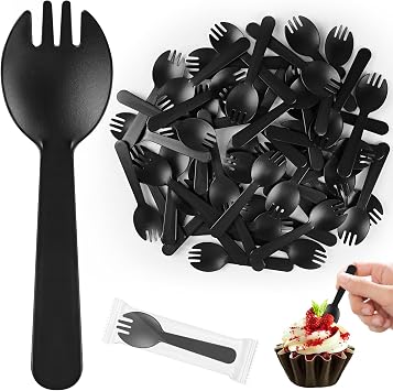 1000 Pack 4.5 Inch Mini Black Plastic Disposable Spork Cutlery | Individually Wrapped Combo Fork Spoon, Sturdy Plastic, Ideal For Dessert Ice Cream Party Catering Takeout On-The-Go Meals