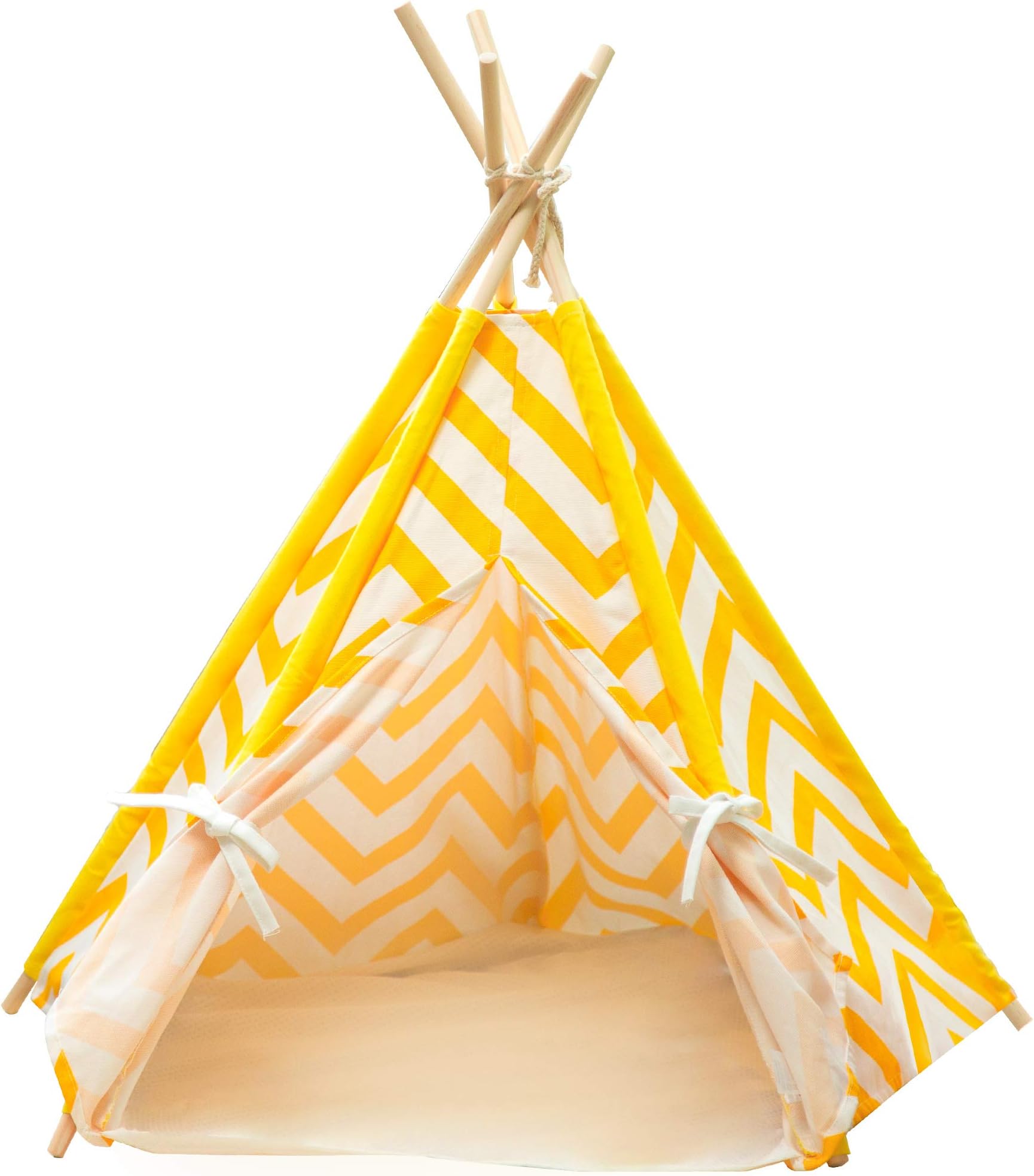 Samincom Pet Cat Dog Teepee, 5-Sided House Indian Tents, Wood Canvas Tipi Fold Away Pet Tent Small Animals Bed, Yellow Stripe