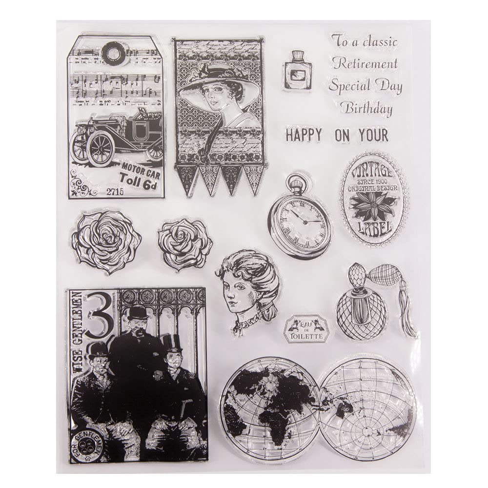 Arrietty Vintage Retro Style Special Day Birthday Retirement Women Men Clock Flowers Clear Stamps for Card Making Decoration and DIY Scrapbooking Tools Rubber Stamps