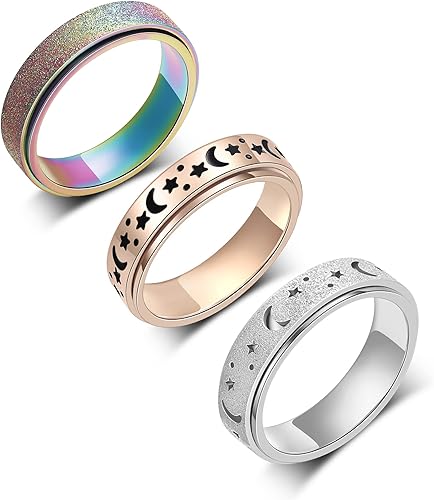 LuckyAmor Spinner Ring, Fidget Anxiety Ring Stainless Steel Moon Star Ring for Women Men Size 6-10