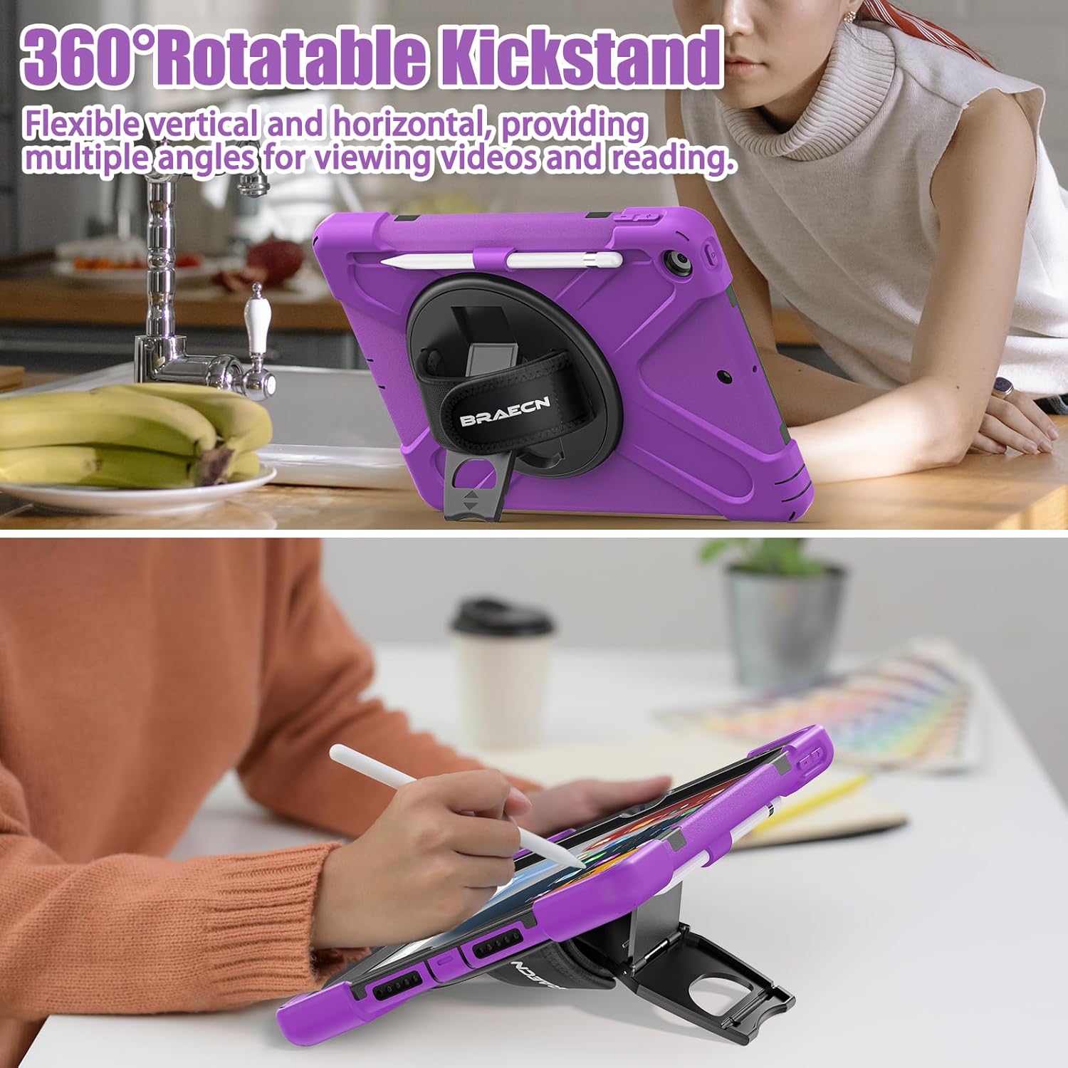 BRAECNstock for Apple iPad 9th/ 8th/ 7th Generation Case 10.2" Shockproof Protective Kids Case with Screen Protector, Pencil Holder, Rotating Stand+Hand Strap, Shoulder Strap, Purple
