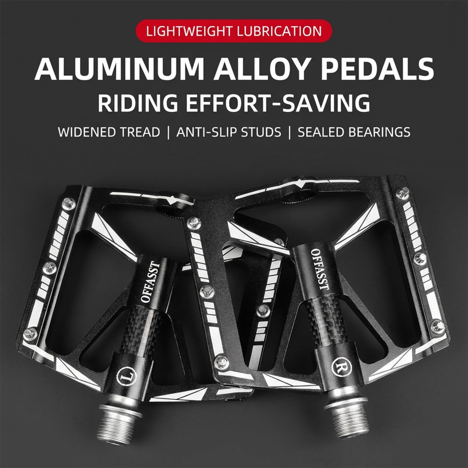 Pedales de bicicleta de montaña de carbono ultralichte 283 g, 3 rodamientos CNC de aluminio con tubo interior de carbono y eje Cr-Mo - 9/16" MTB/Road Bike Plataforma, 6 pines de acero