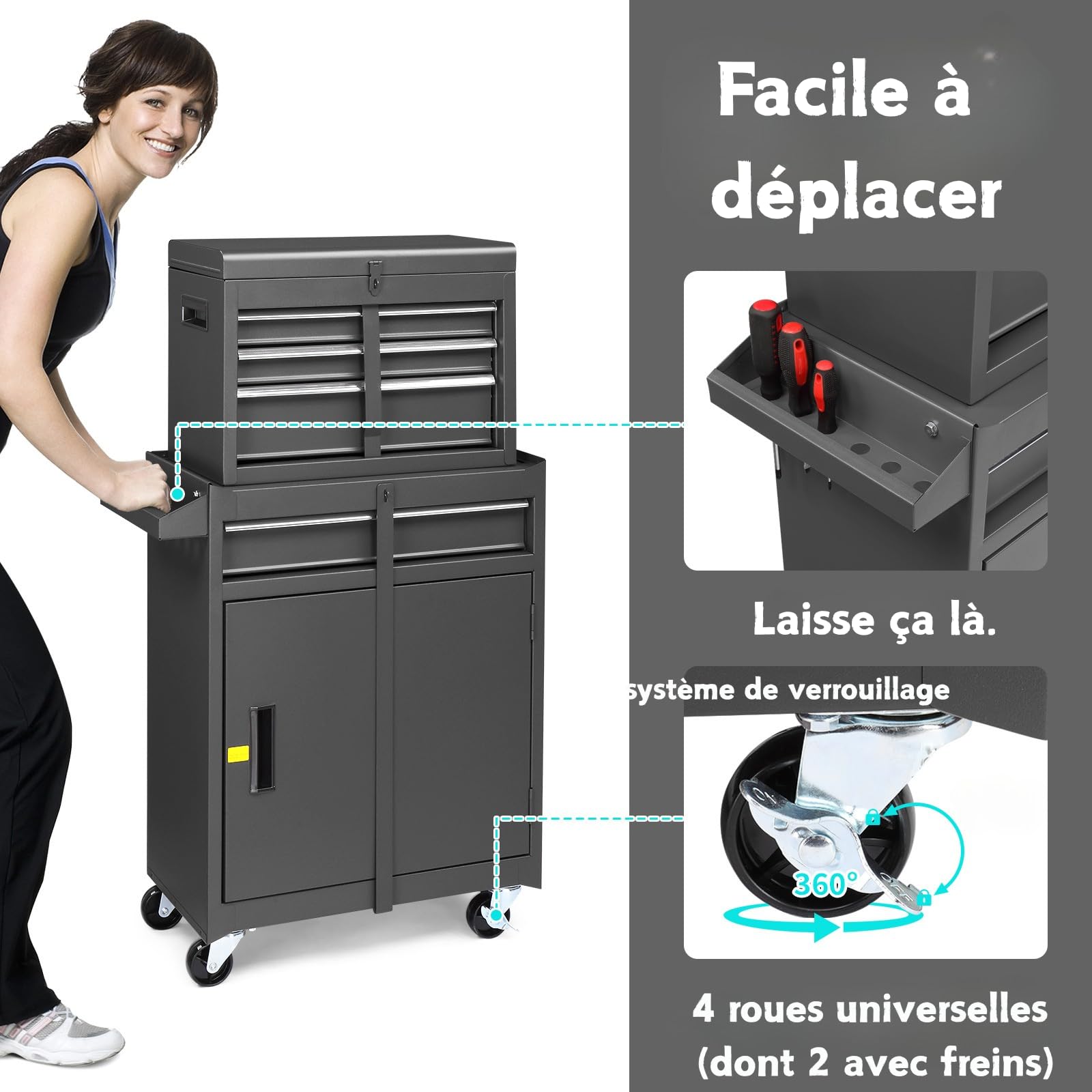 LEADZM Servante d'Atelier Outils avec Coffre Amovible, 6 Tiroirs(Noir) | Etabli Garage，Armoire à Étagère Réglable& Caisse à Outil Roulante，pour Garage, Atelier