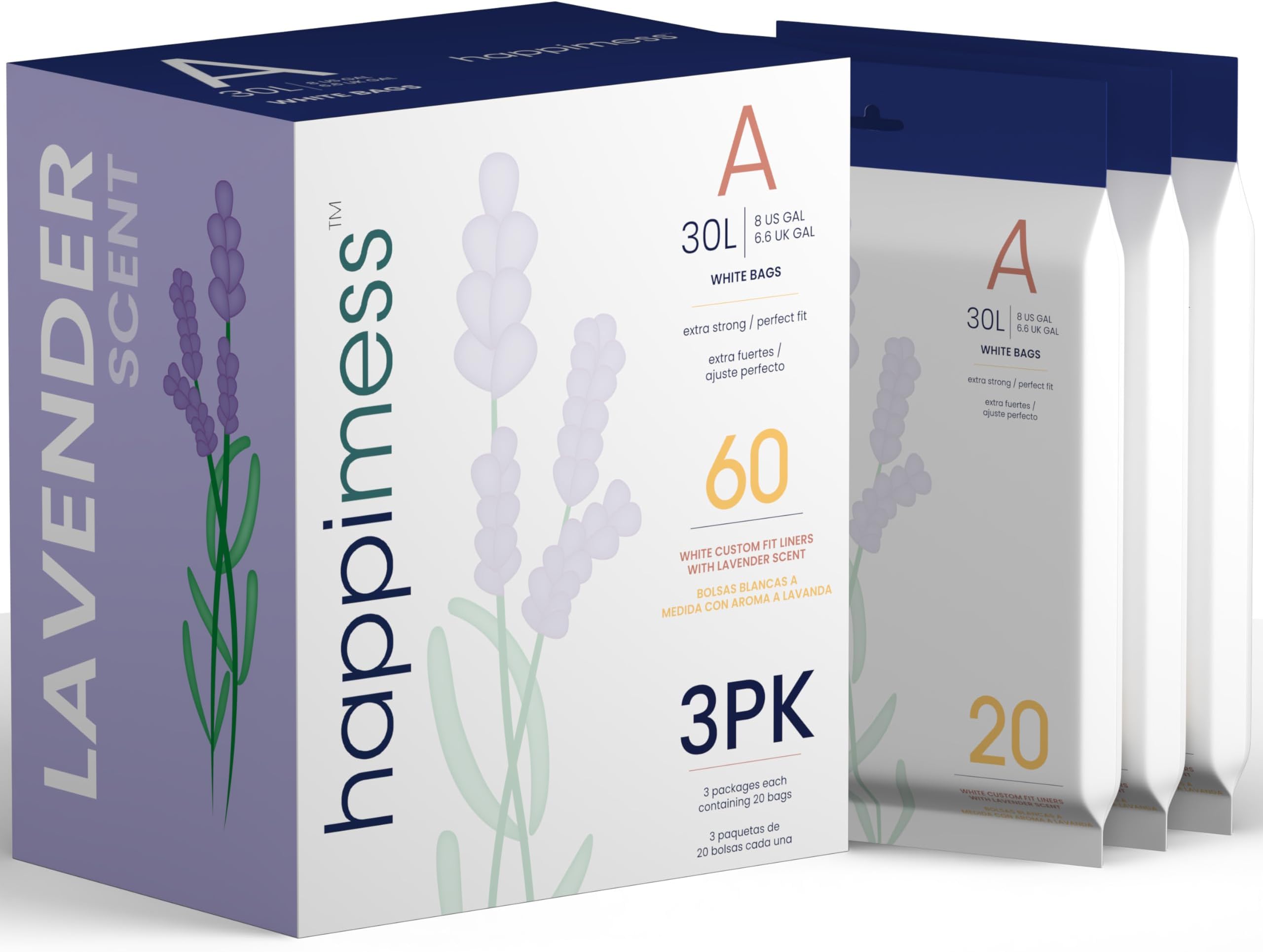 happimess 8 Gallon (30L) Drawstring Trash Bags, Lavender Scent, White, Heavy Duty MDPE Liners for Kitchen and Household, Odor Control, Custom Fit 60 Count (3-Packs of 20 Liners) HPM3101A-WHITE
