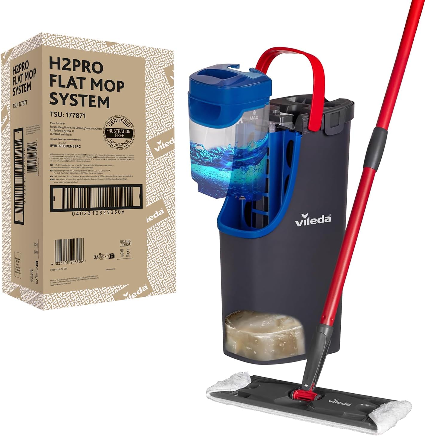 Vileda H2PrO Flat Mop Sistema lavapavimenti a piastra piatta | Separazione acqua pulita e sporca | Progettato per risparmiare acqua | Utilizzo a una mano | Design compatto | Pulizia con microfibra