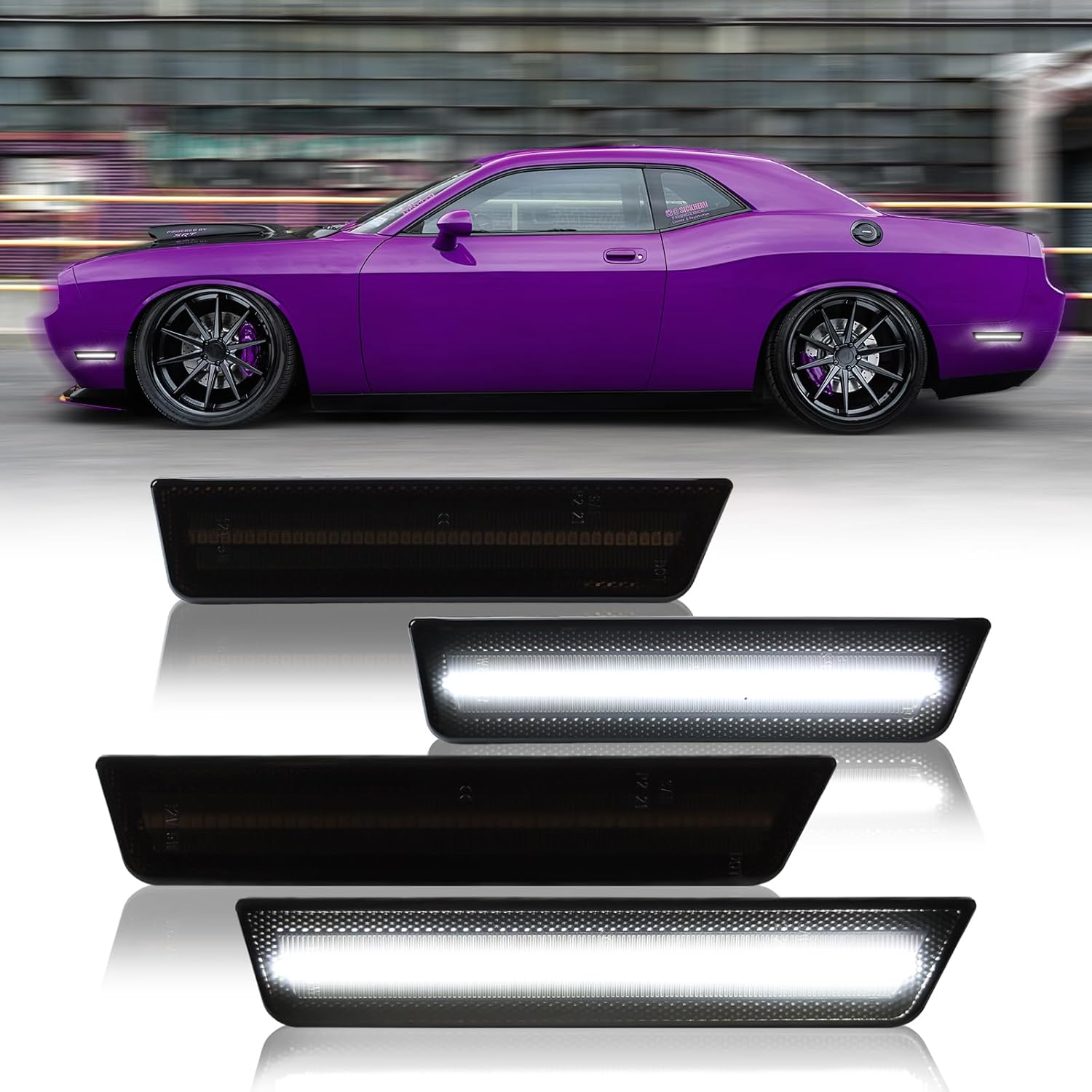 LED White Side Marker Lights Front Rear Bumper Signal Lamp Reflectors for 2008-2014 Dodge Challenger Smoked Len, 4PCS Front&Rear Bumper, 4PCS