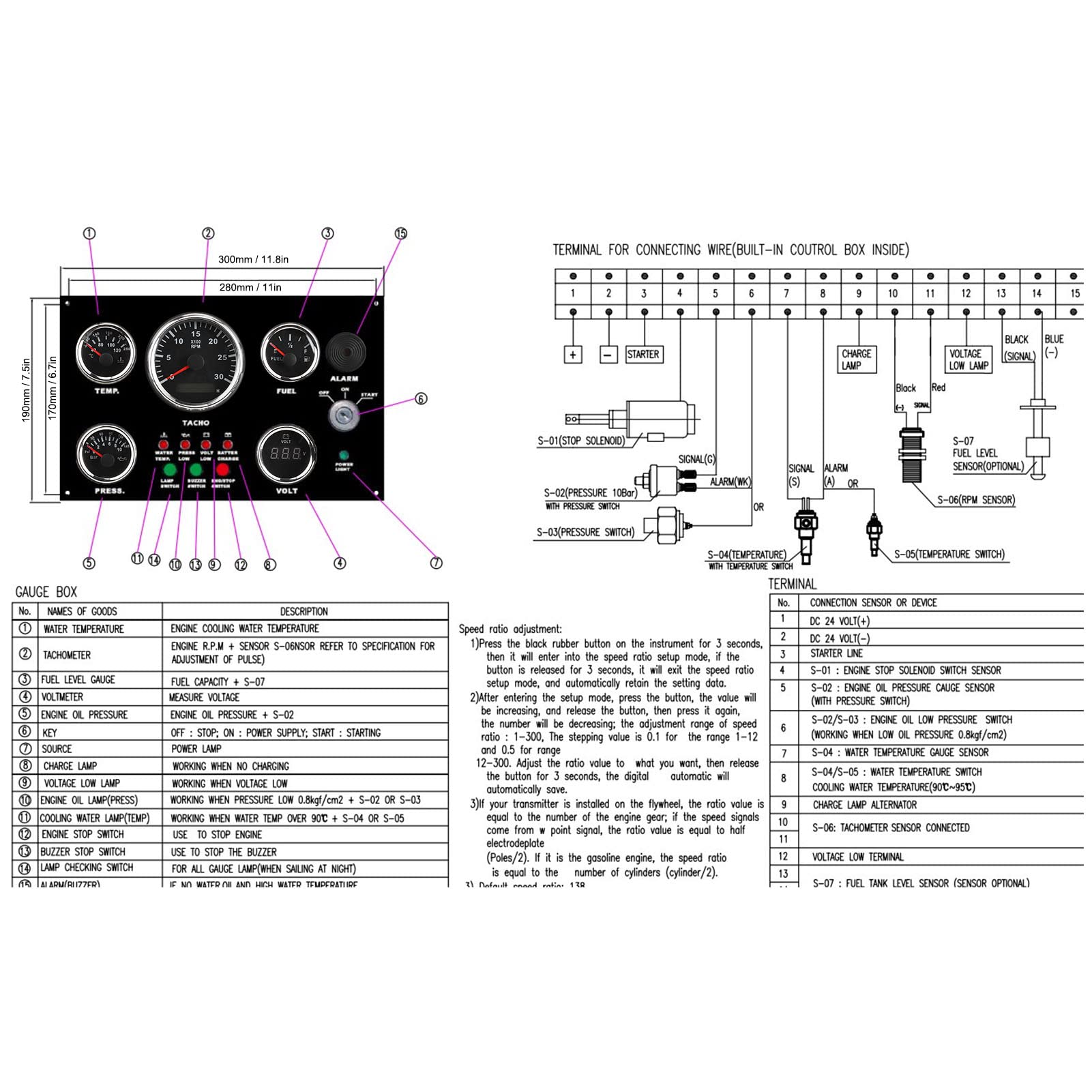 Panel de Instrumentos del Barco, Panel de Instrumentos del Tablero del Motor con Velocidad del Motor, Nivel de Aceite, Presión, Temperatura del Agua, Pantalla de Voltaje con Retroiluminación(12V)
