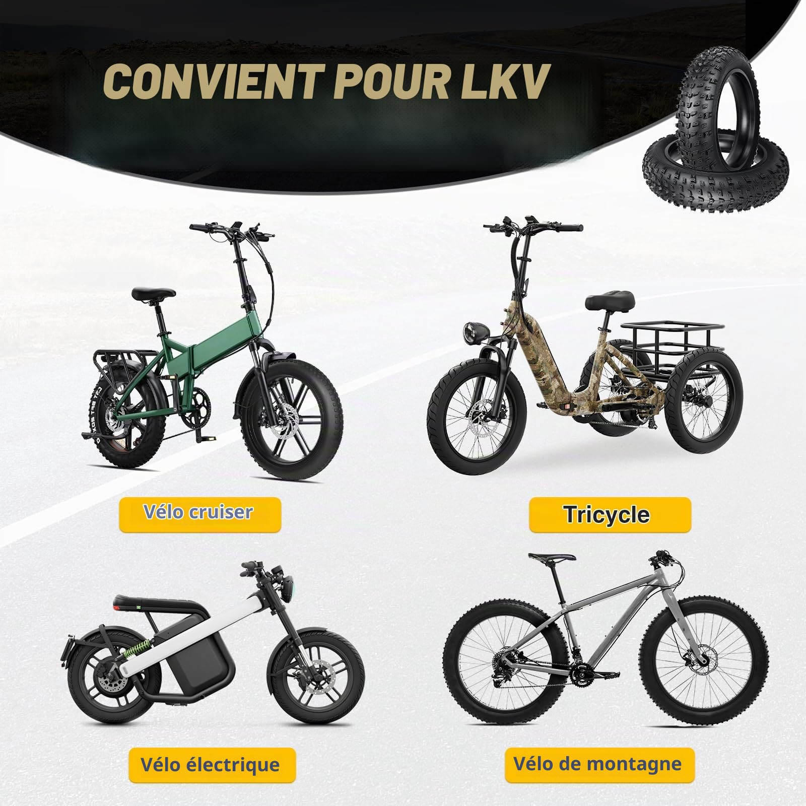 WEEROCK Pneus de vélo électrique Fat 20/26 x 4.0 - Pneus résistants aux crevaisons - Pliable - Pour vélo électrique/vélo de neige/VTT avec chambre à air