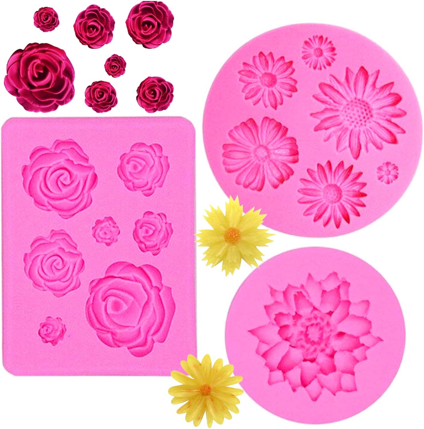 TCPENG 3PCS Flower Silicone Mould Fondant Flower Moulds Chocolate Rose